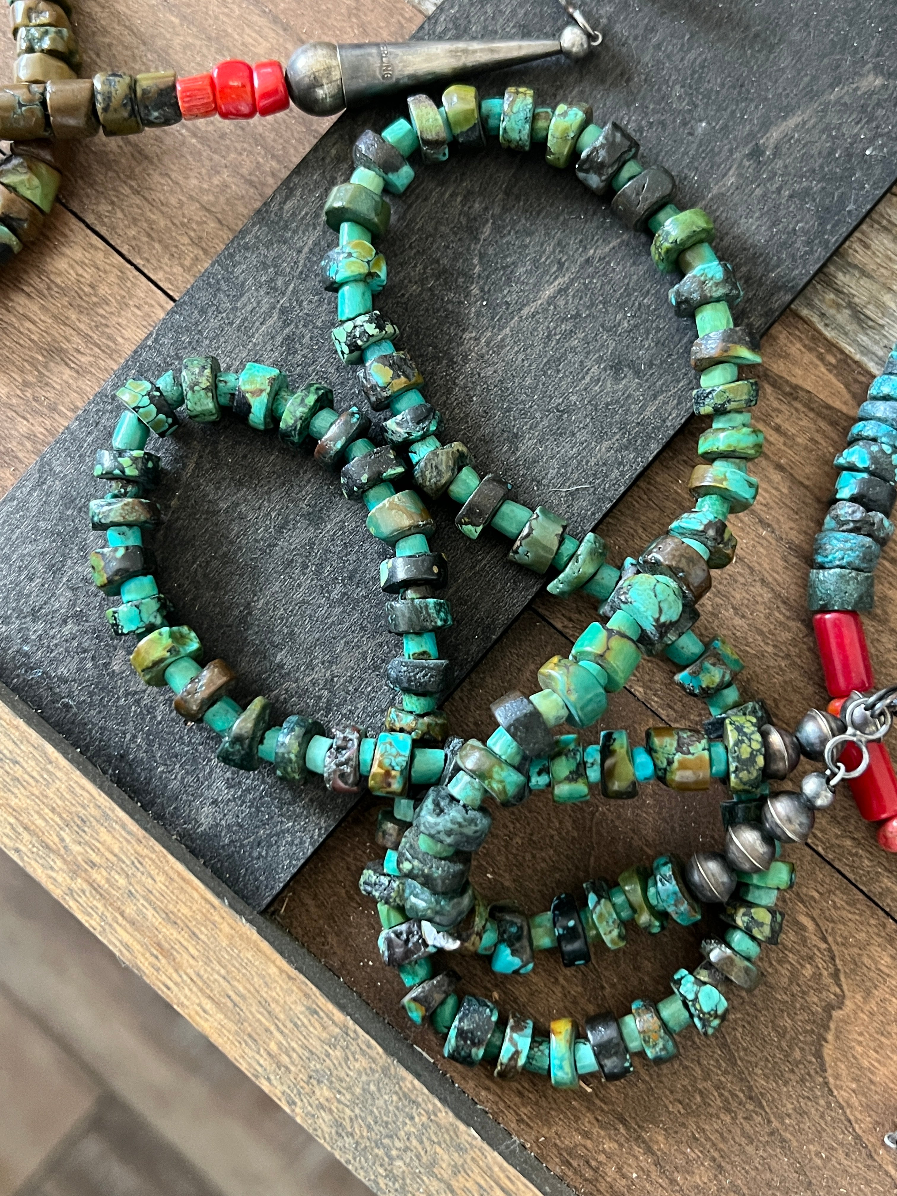 Handcrafted Hubei Turquoise Beaded Necklace with Sterling Silver and Bamboo Coral by Kirby Smith: 13 To Choose From!