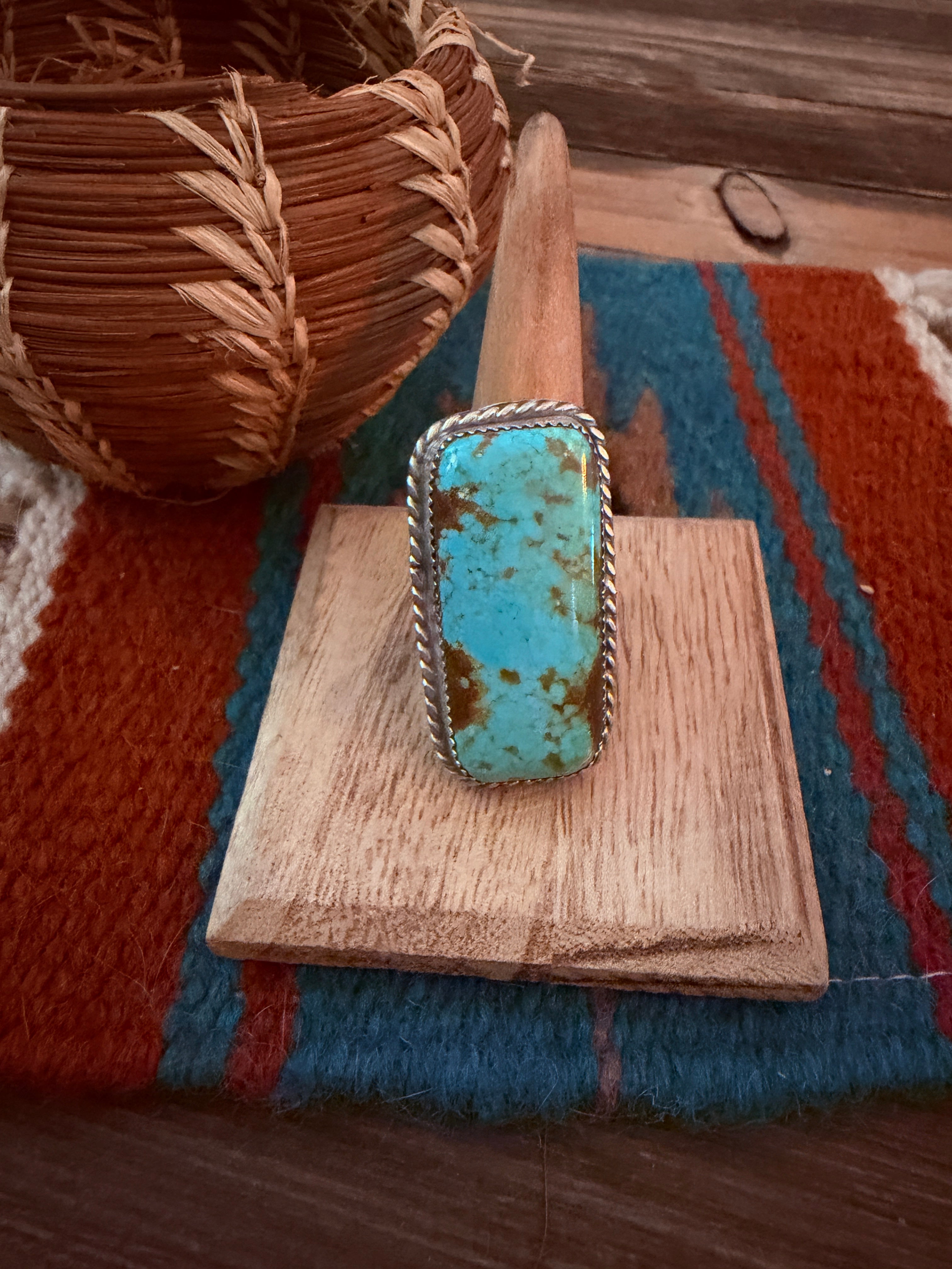 Handcrafted Royston Turquoise & Sterling Silver Ring Size 10 by Leslie Nez