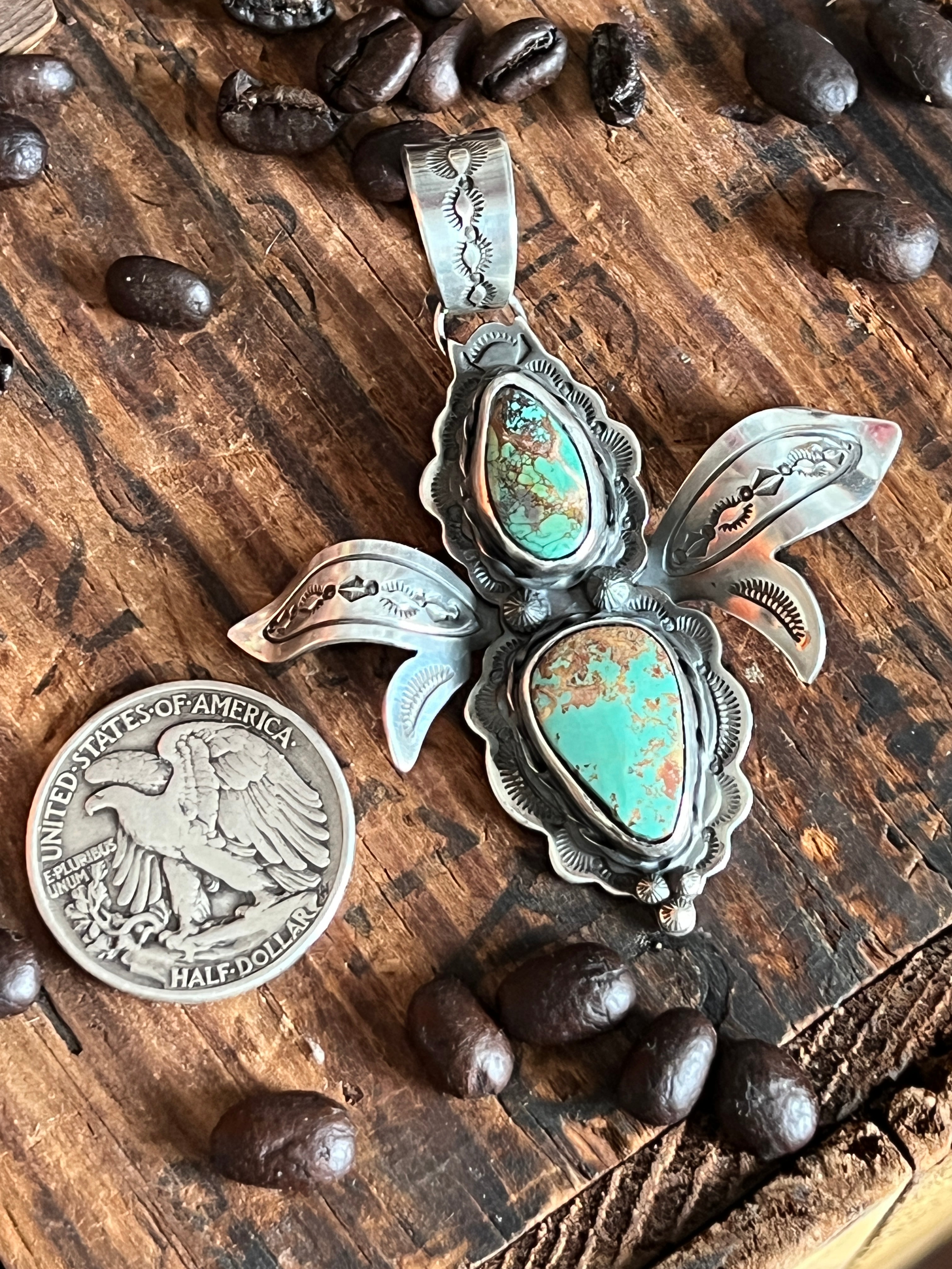Handcrafted Kimari Somers Sterling Silver and Turquoise Winged Bug Pendant