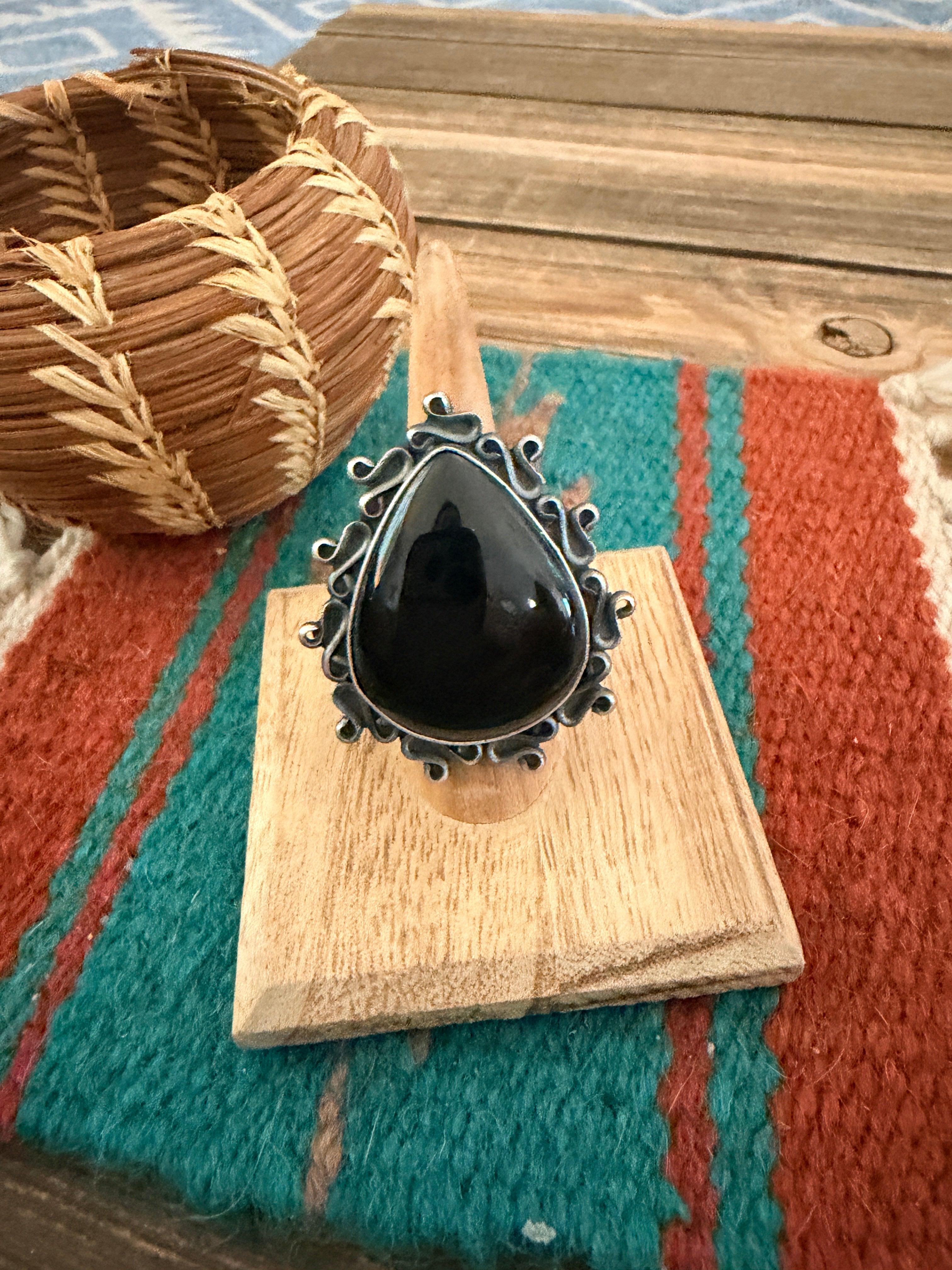 Handcrafted Black Onyx & Sterling Silver Ring Size 6.25
