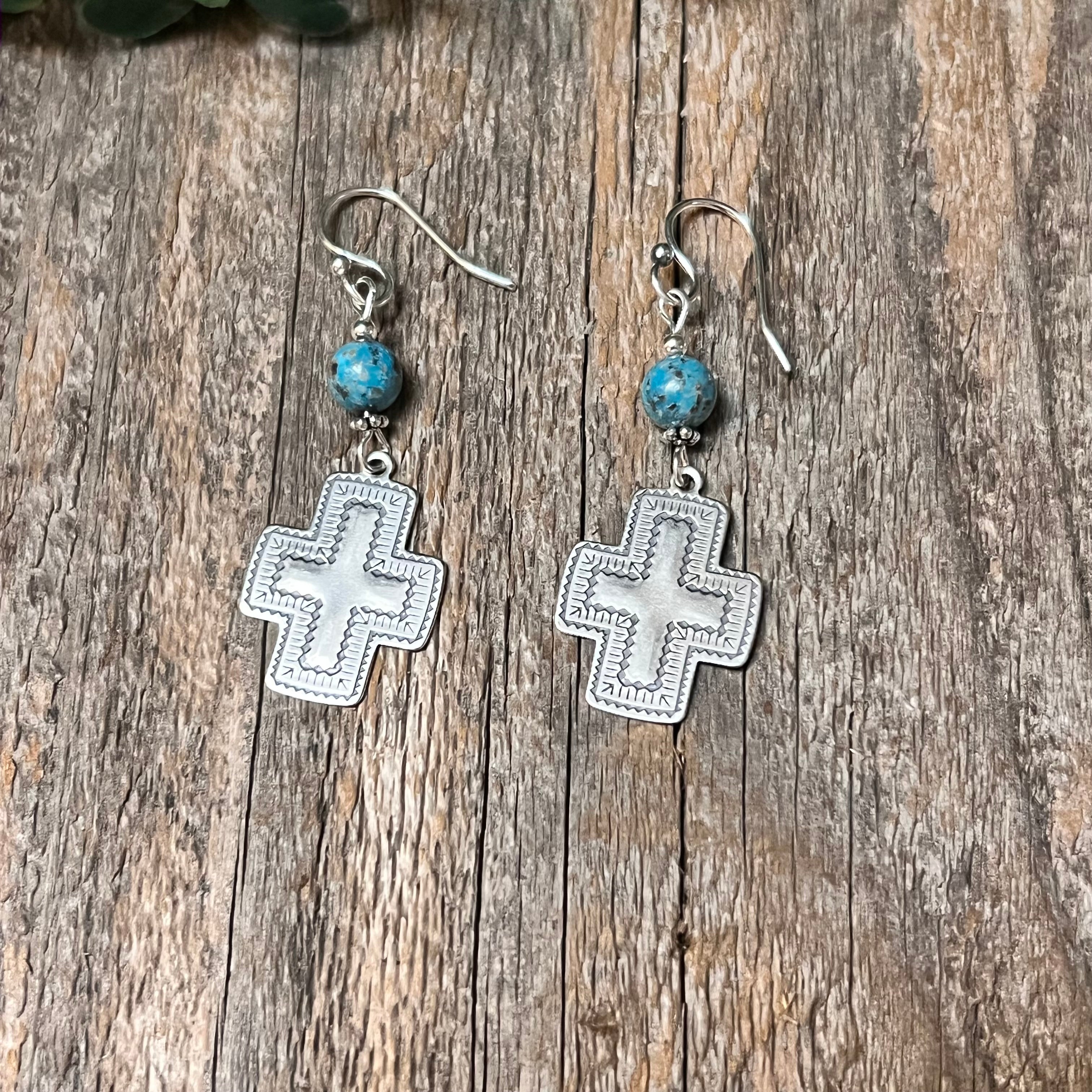 Handmade Etched Sterling Silver & Turquoise Dangle Wire Earrings