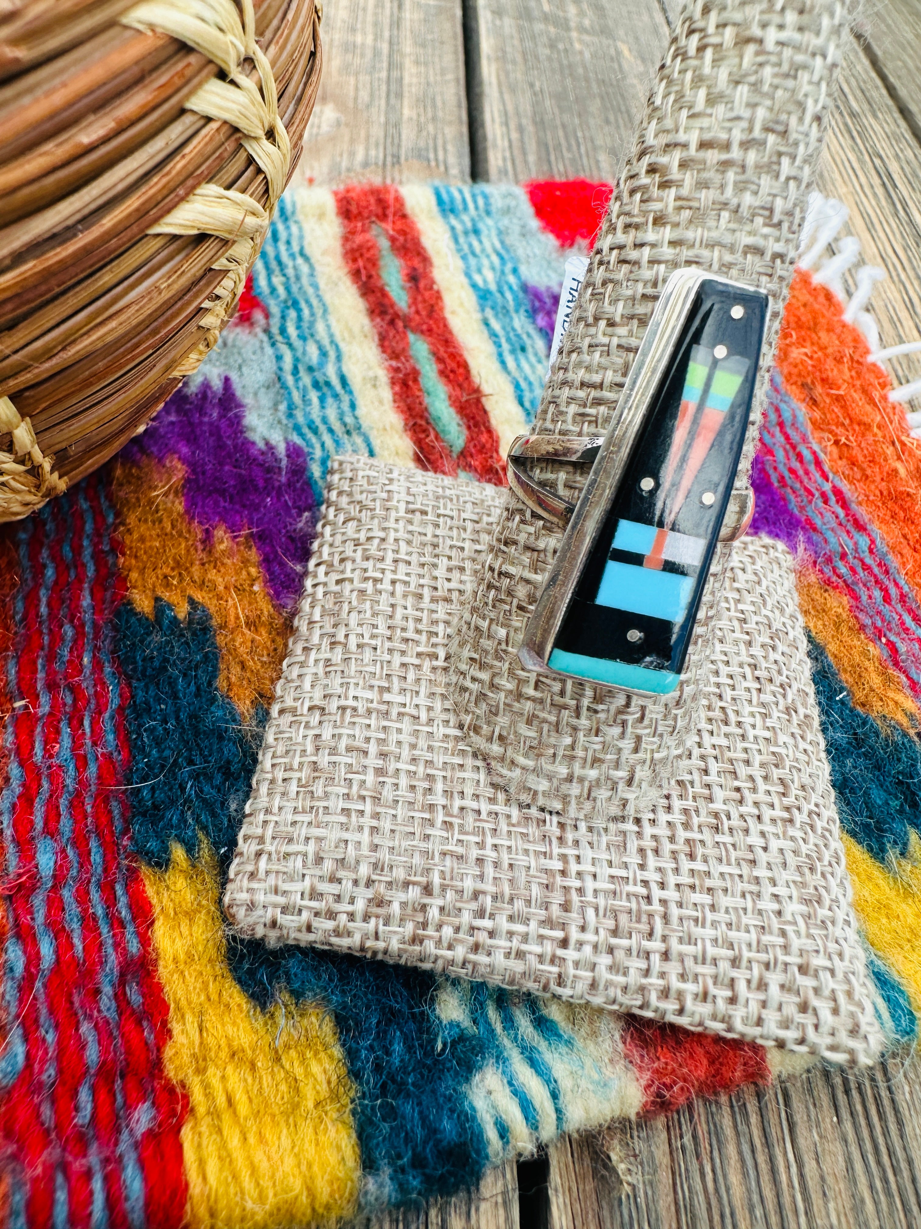 Handcrafted Multi Stone & Sterling Silver Inlay Adjustable Ring by Gilbert Smith