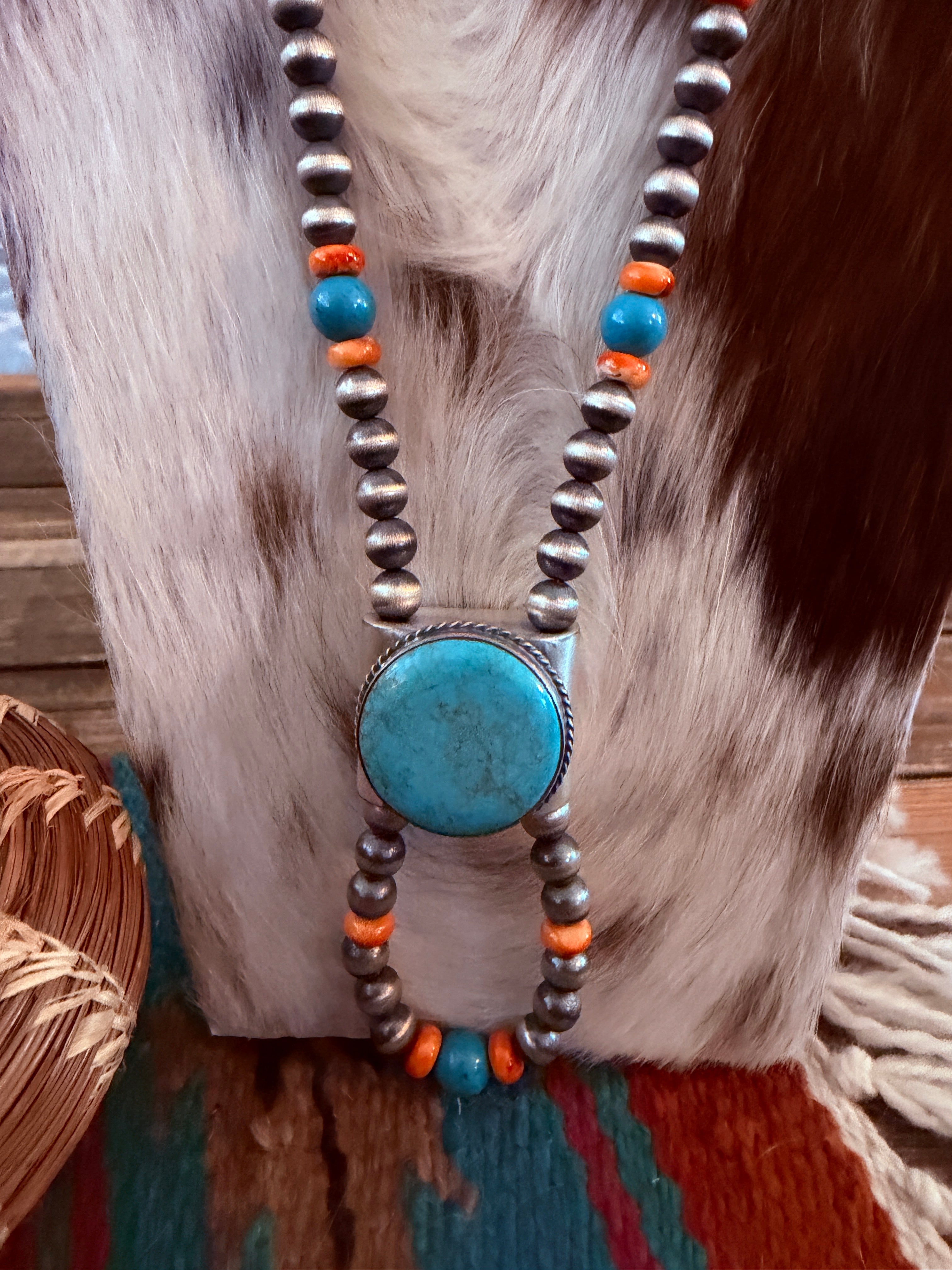 Handcrafted Turquoise, Spiny & Sterling Silver Beaded Jacla Necklace