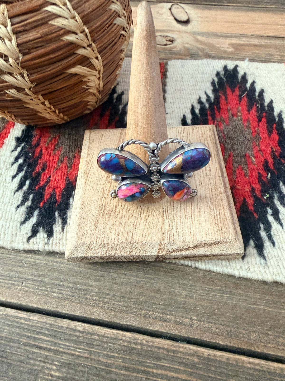 Handcrafted Pink Dream Mojave & Sterling Silver Adjustable Butterfly Ring