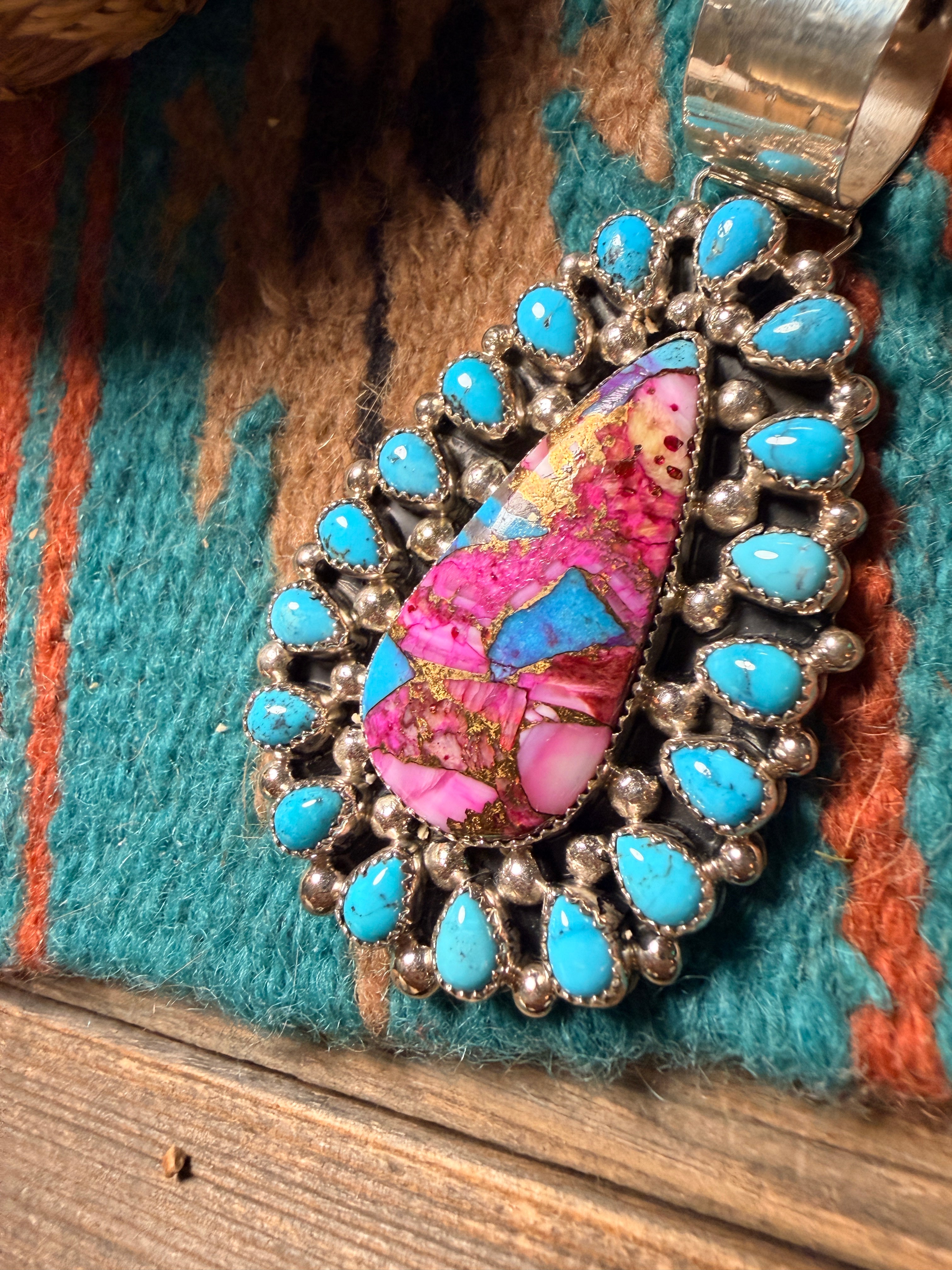 Handcrafted Sterling Silver, Pink Dream Mojave & Turquoise Cluster Pendant
