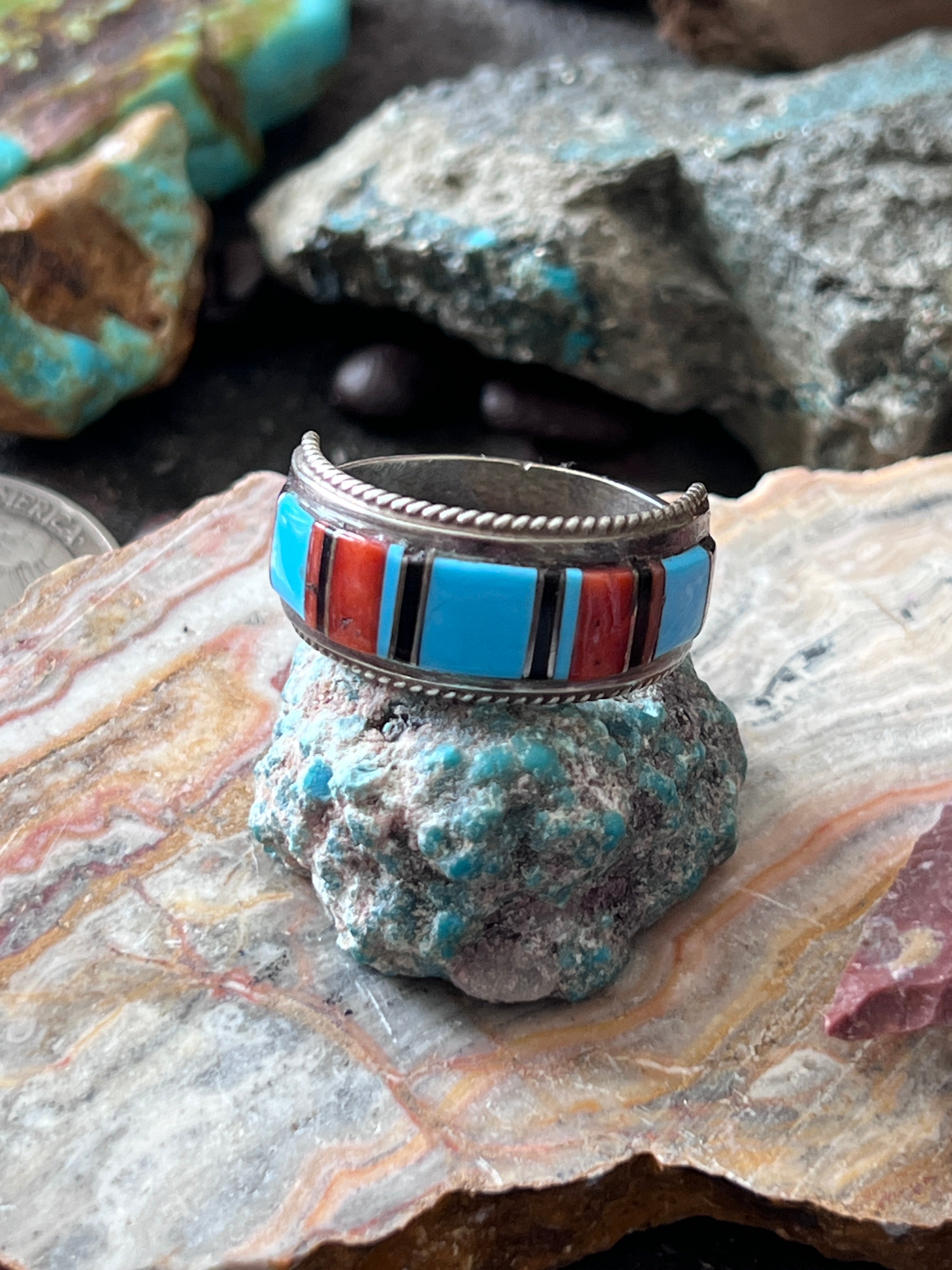 Old Pawn Sterling Silver, Turquoise, Onyx and Coral Raised Channel Inlay Ring by Deidre L Panteah
