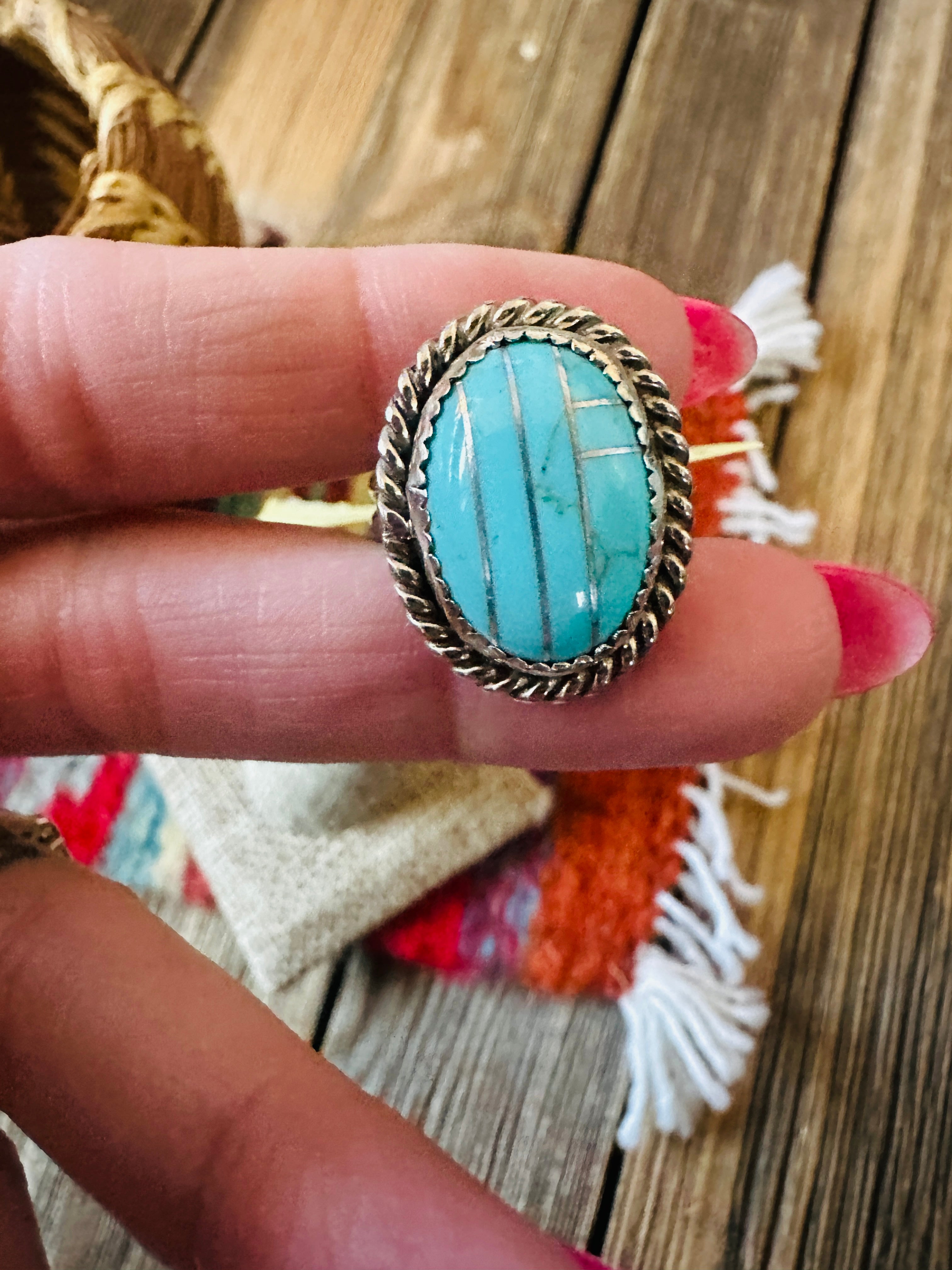 Old Pawn Handcrafted Turquoise & Sterling Silver Inlay Ring Size 7