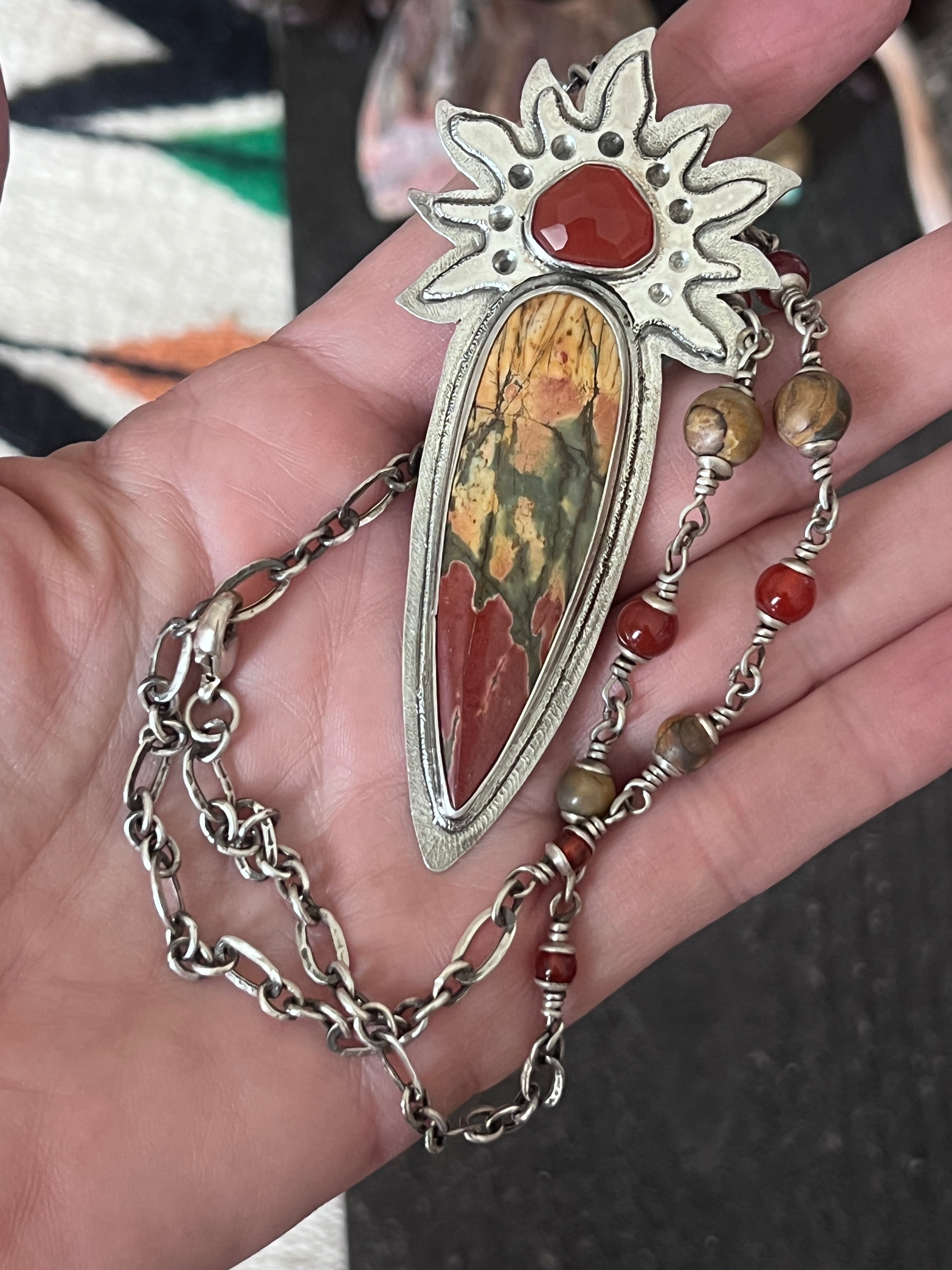 Tularosa Rosary Style Sterling Silver, Red Creek Jasper and Carnelian Sun Fire Necklace