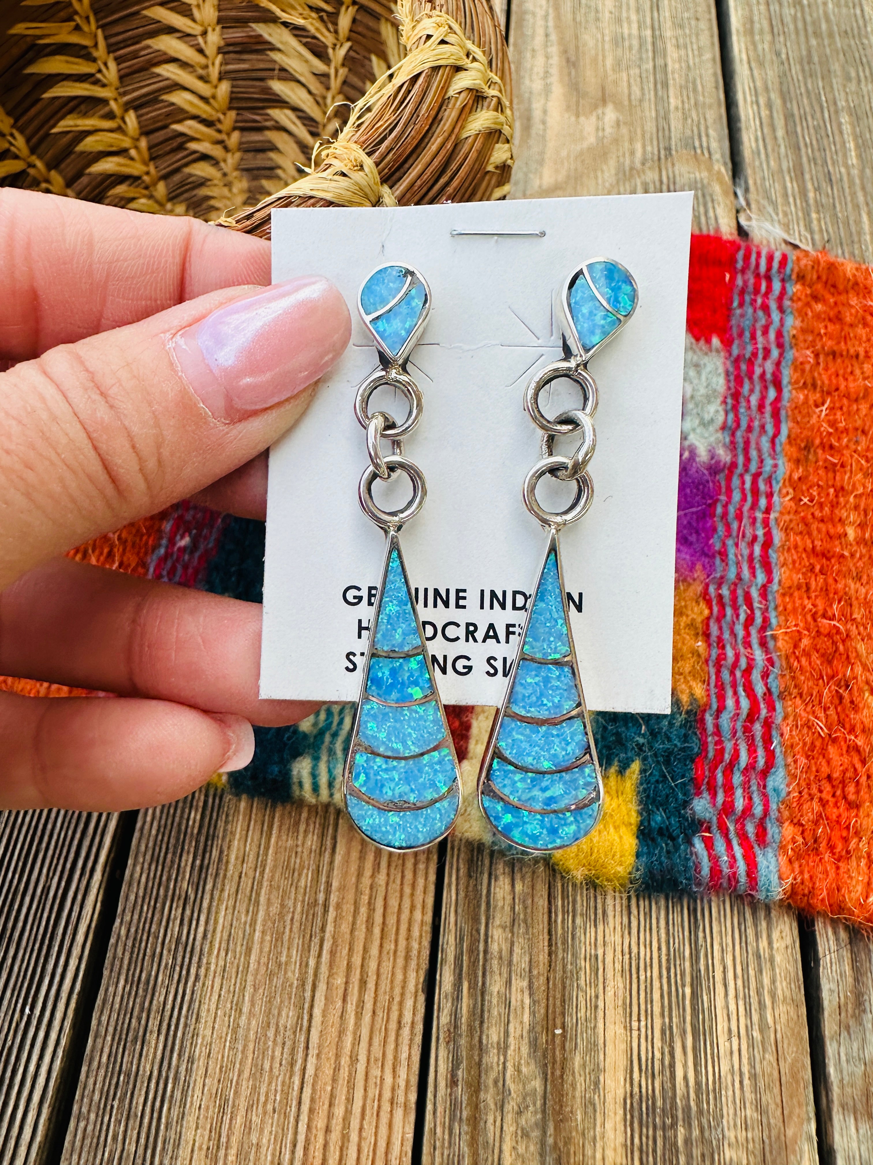 Handcrafted Opal & Sterling Silver Inlay Teardrop Dangle Earrings