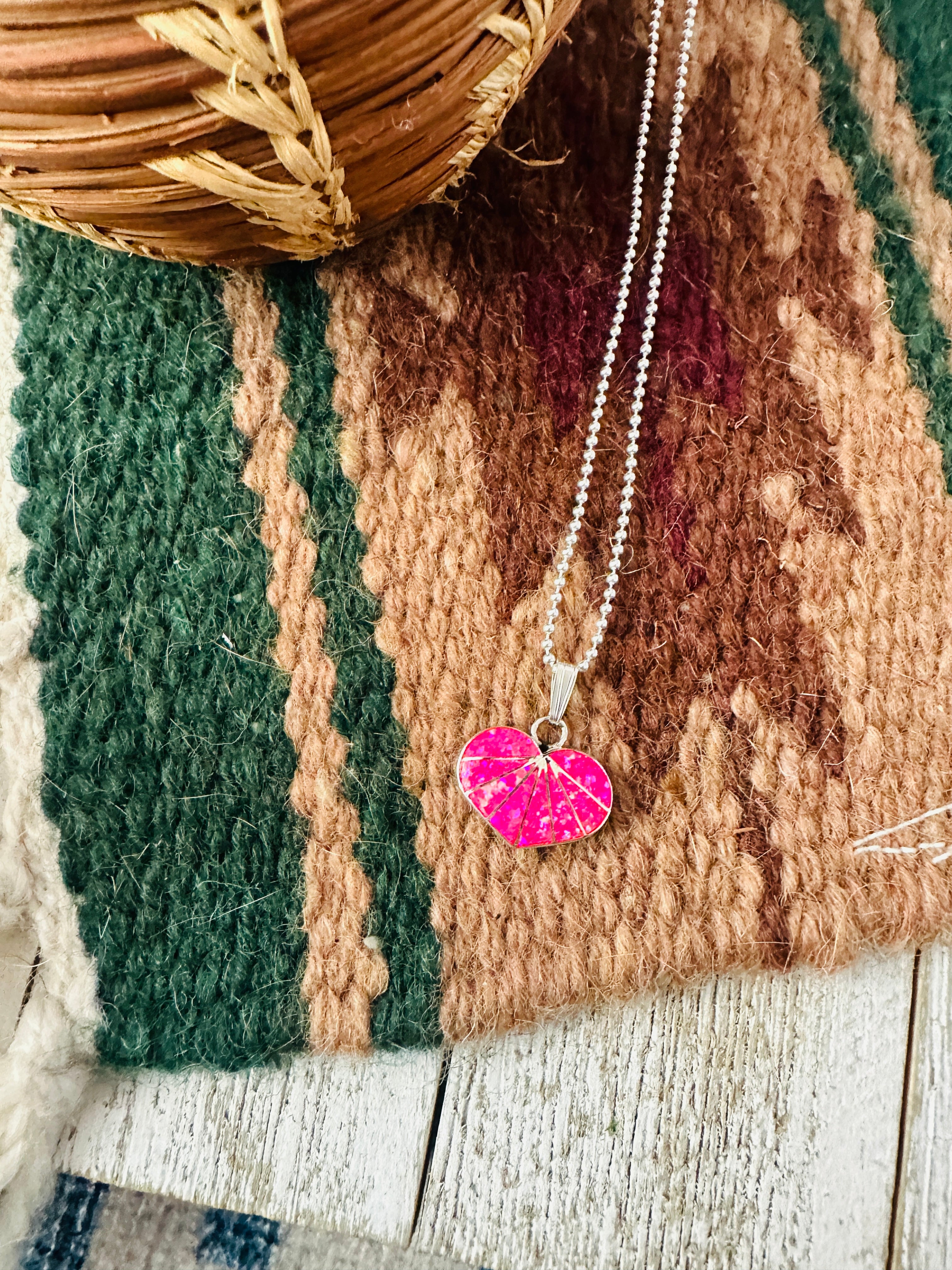 Handcrafted Hot Pink Opal & Sterling Silver Inlay Heart Pendant