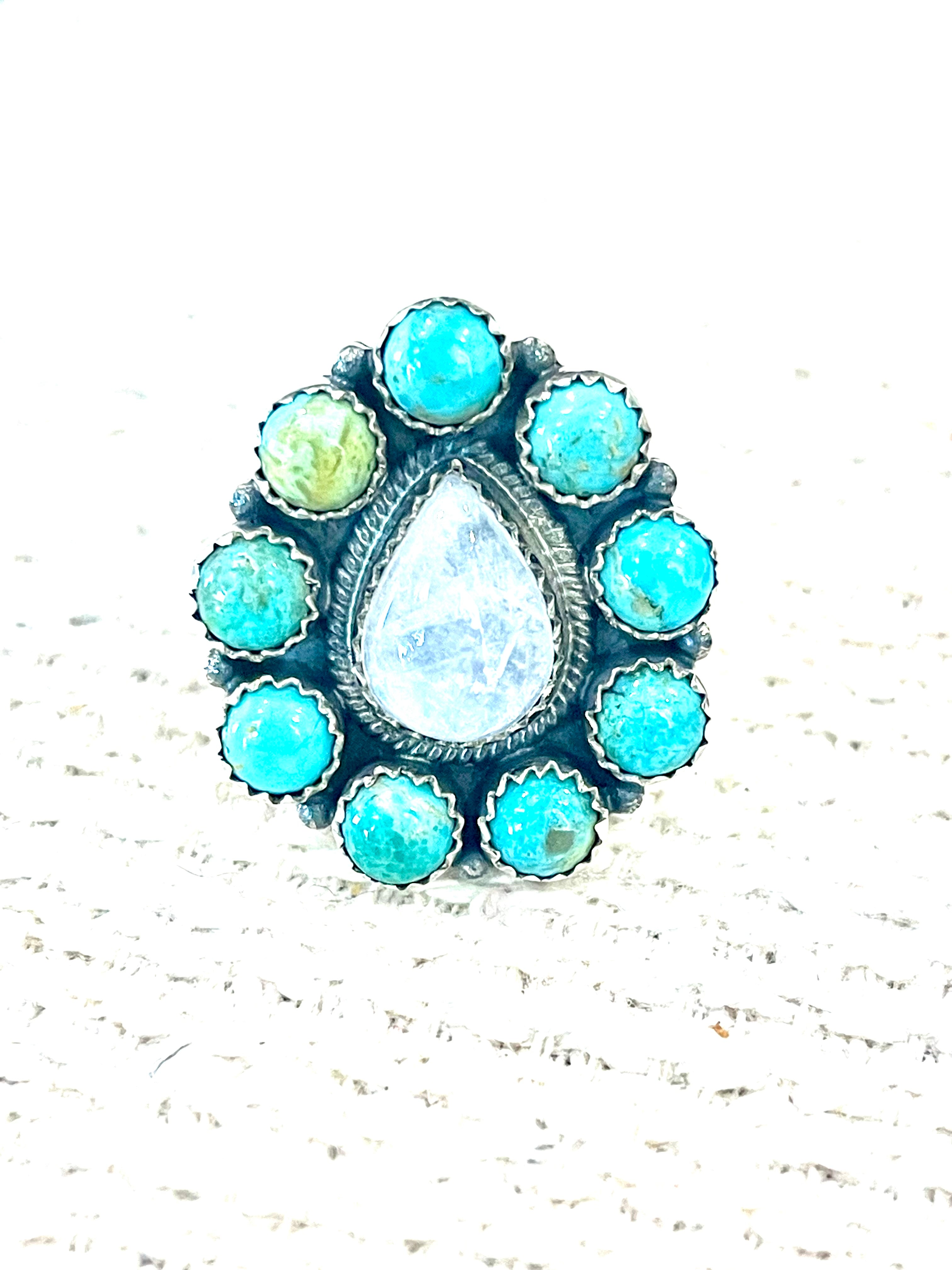 Handcrafted Sterling Silver, Moonstone & Kingman Turquoise Adjustable Ring