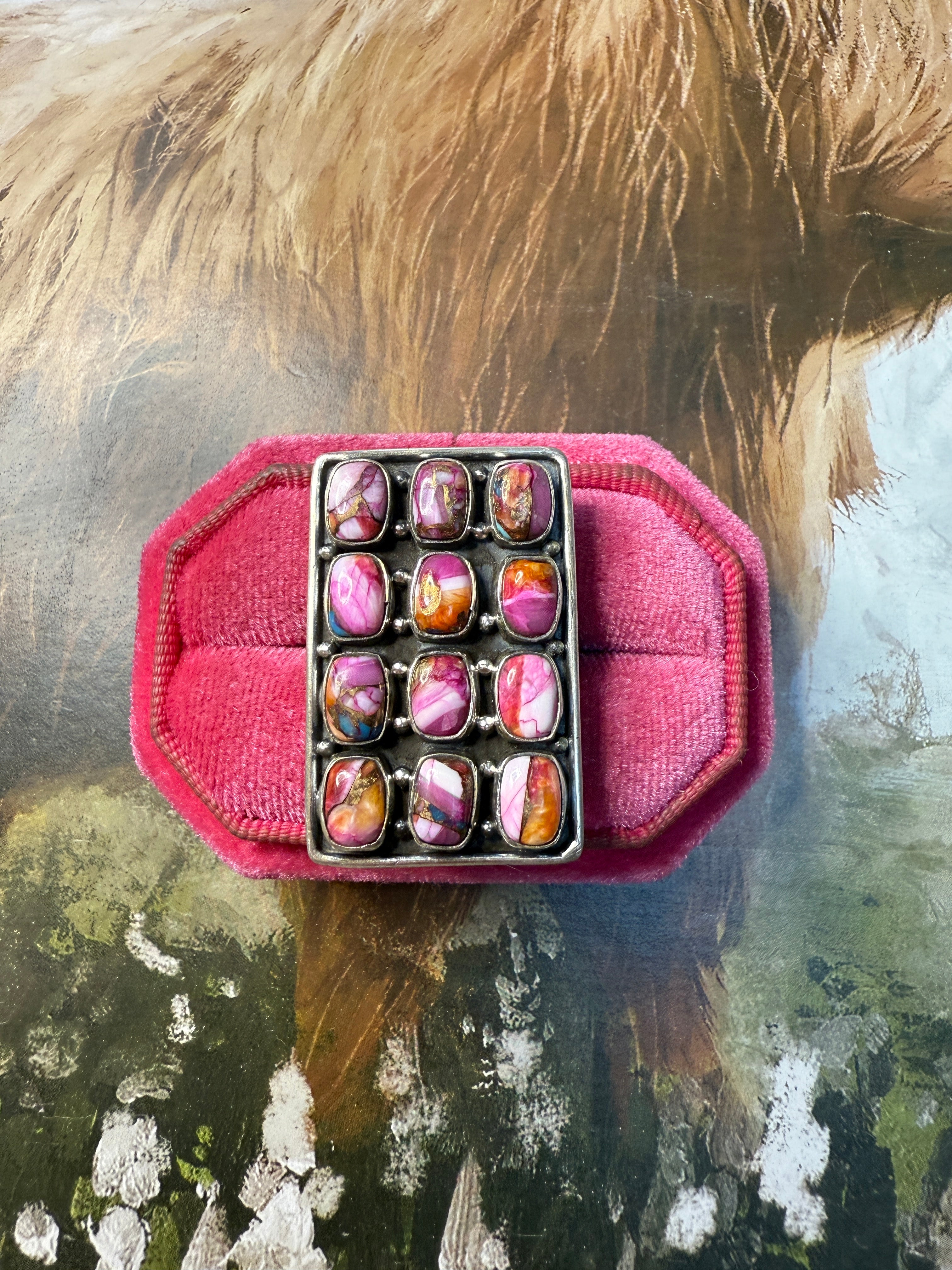 Handmade Pink Dream Mojave And Sterling Silver Adjustable 12 Stone Ring