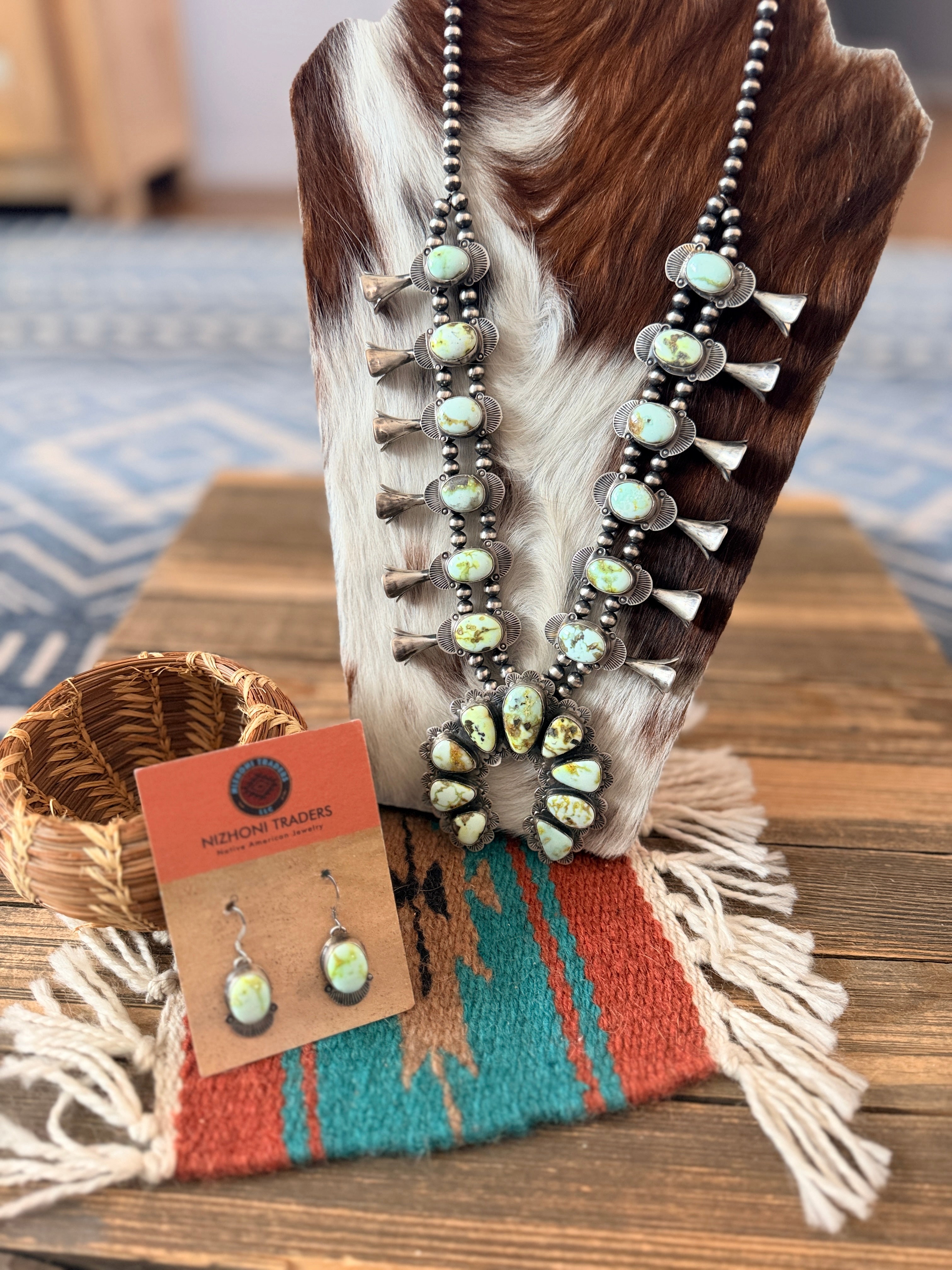 Handcrafted Palomino Turquoise & Sterling Silver Beaded Squash Blossom Necklace Set by Kee Johnson