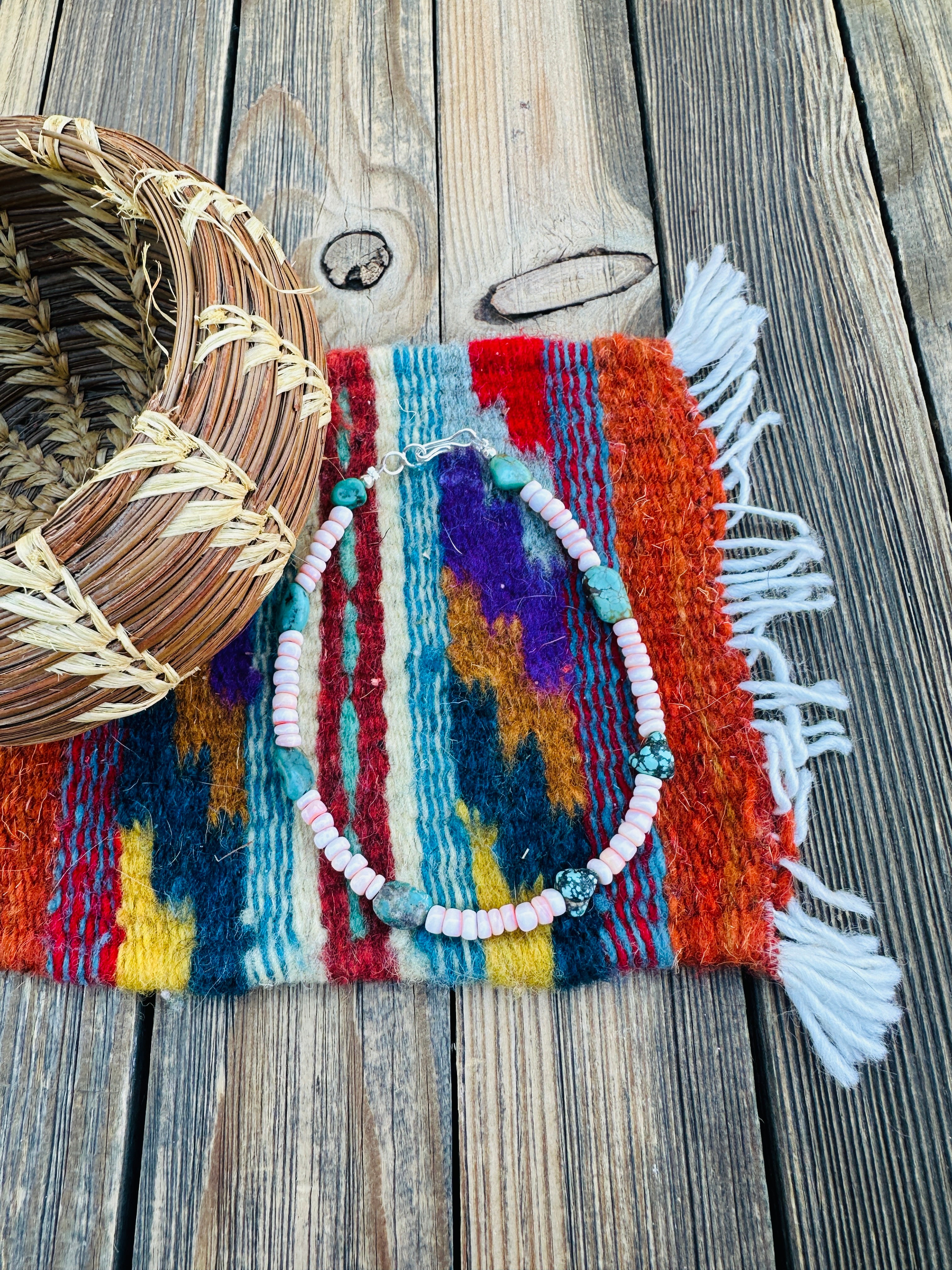 Handcrafted Turquoise, Queen Pink Conch & Sterling Silver Beaded Anklet