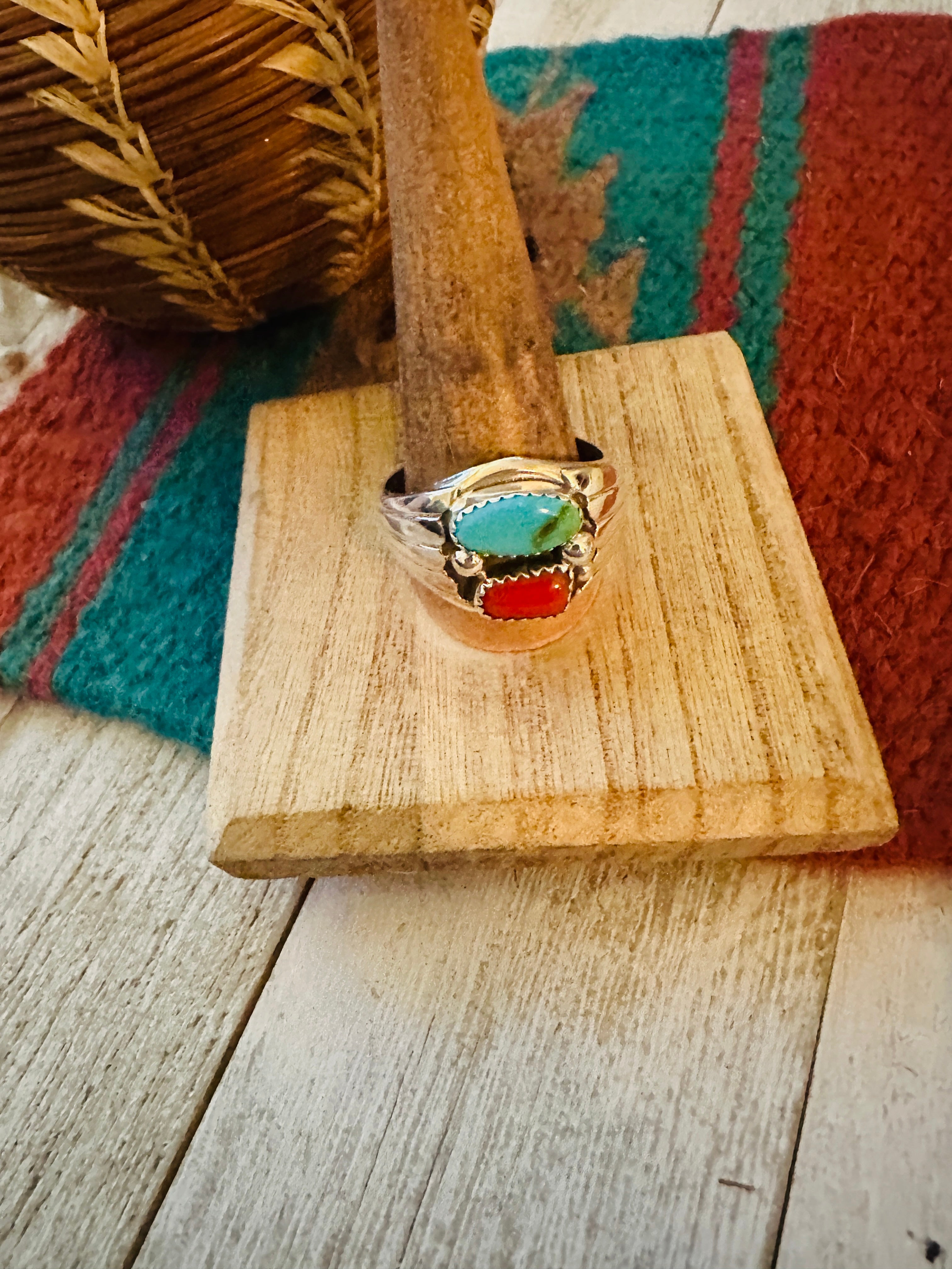 Handcrafted Turquoise, Coral & Sterling Silver Ring Size 13