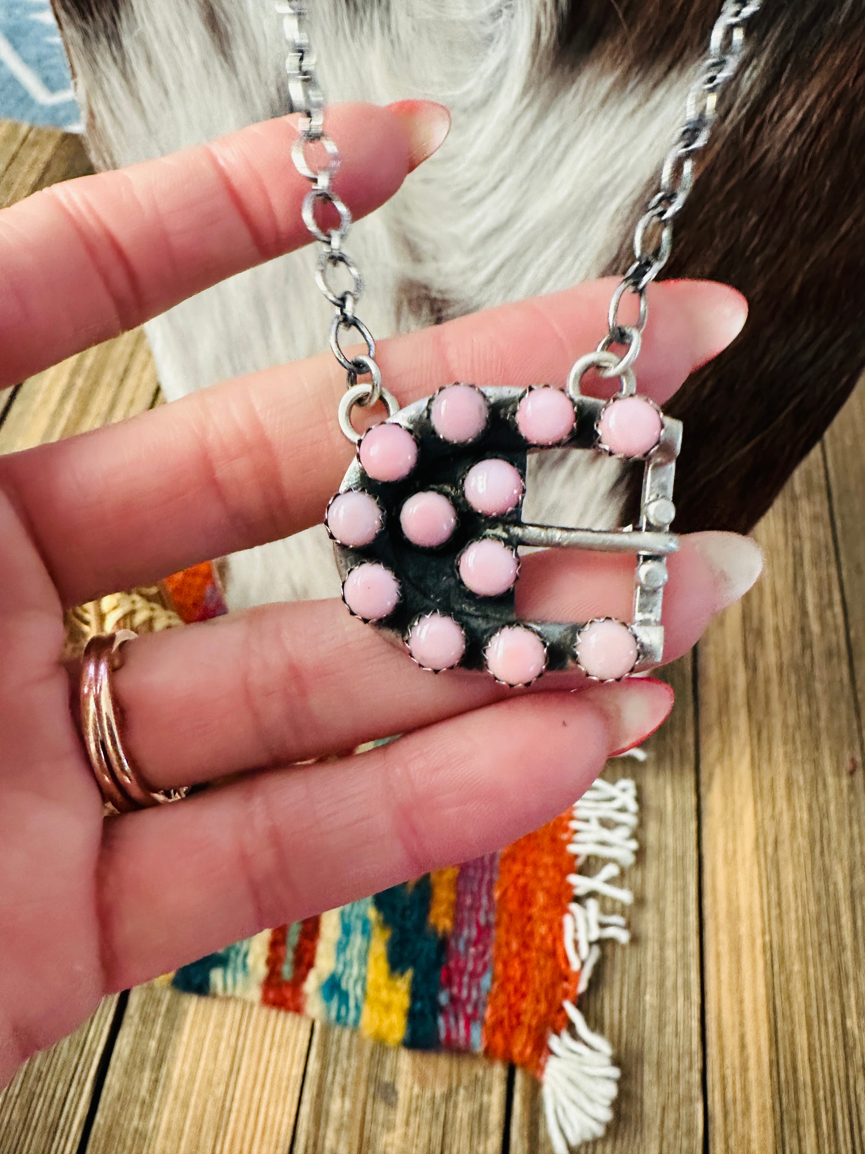 Handcrafted Queen Pink Conch & Sterling Silver Belt Buckle Necklace by Russell Sam