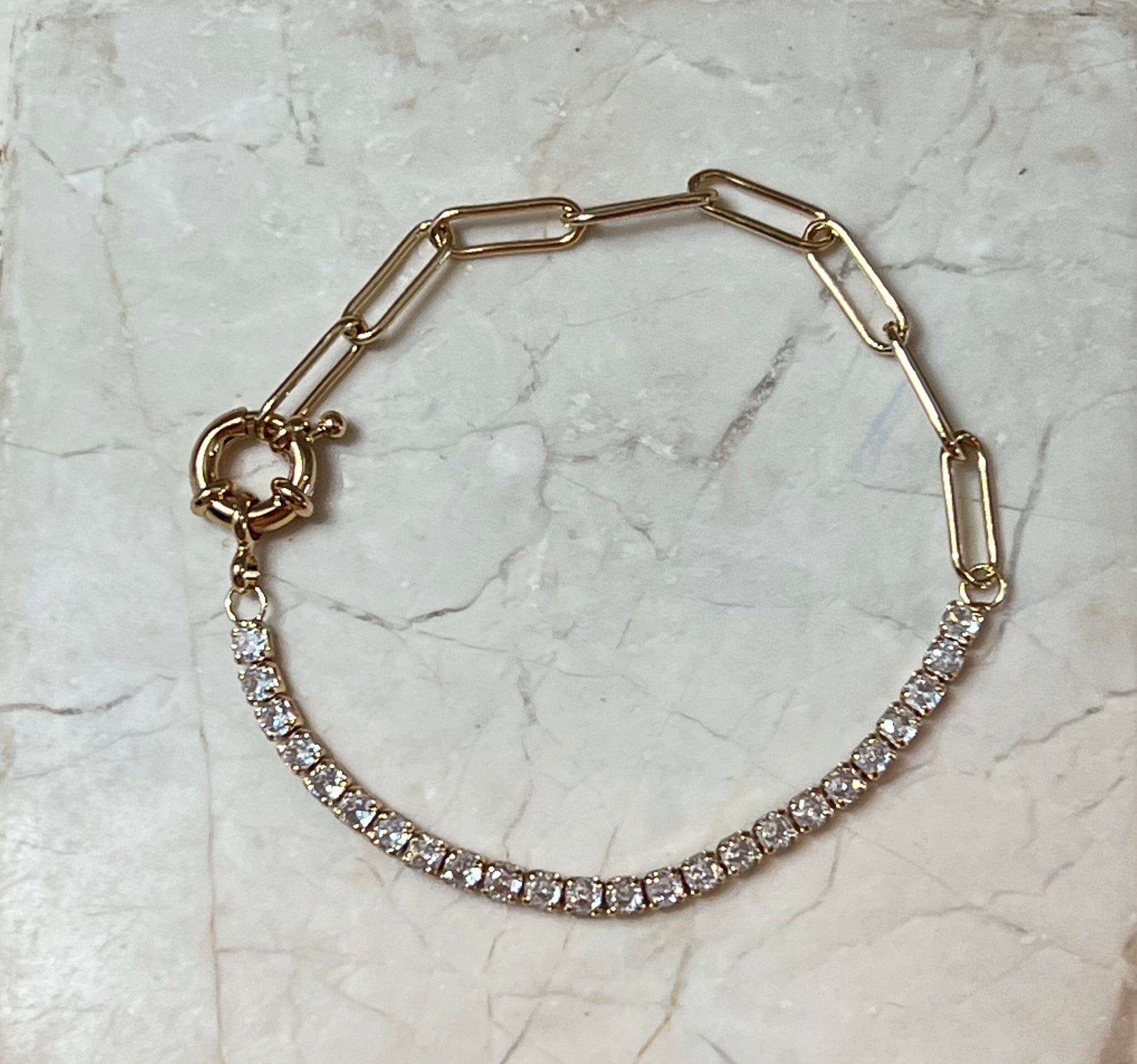 CZ & Paperclip 14k Gold Plated Chain Bracelet