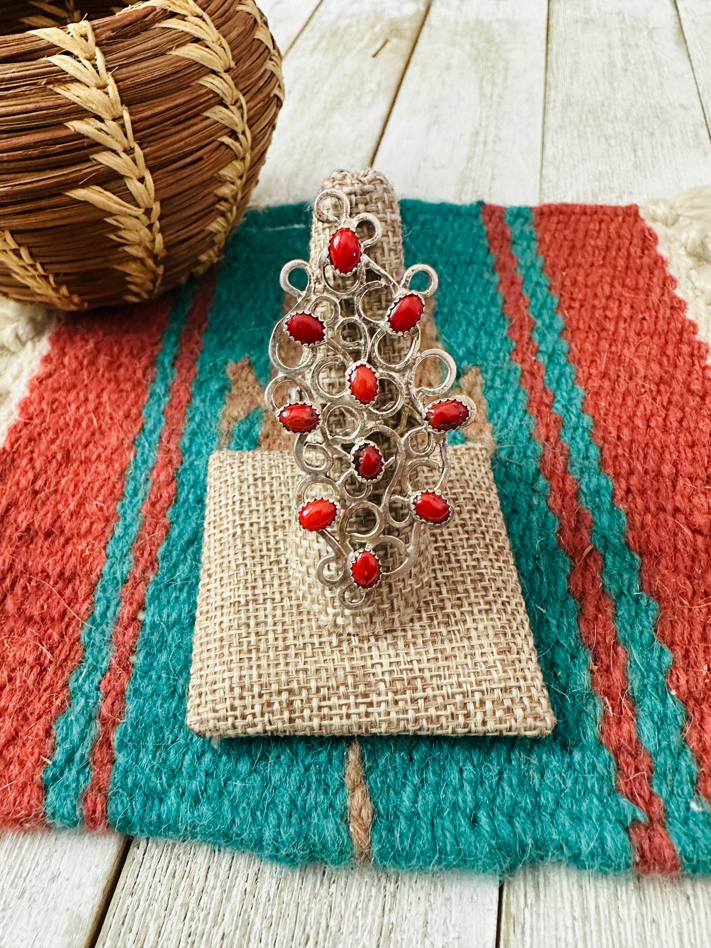 Handcrafted Sterling Silver & Coral Abstract Statement Ring Size 8.5