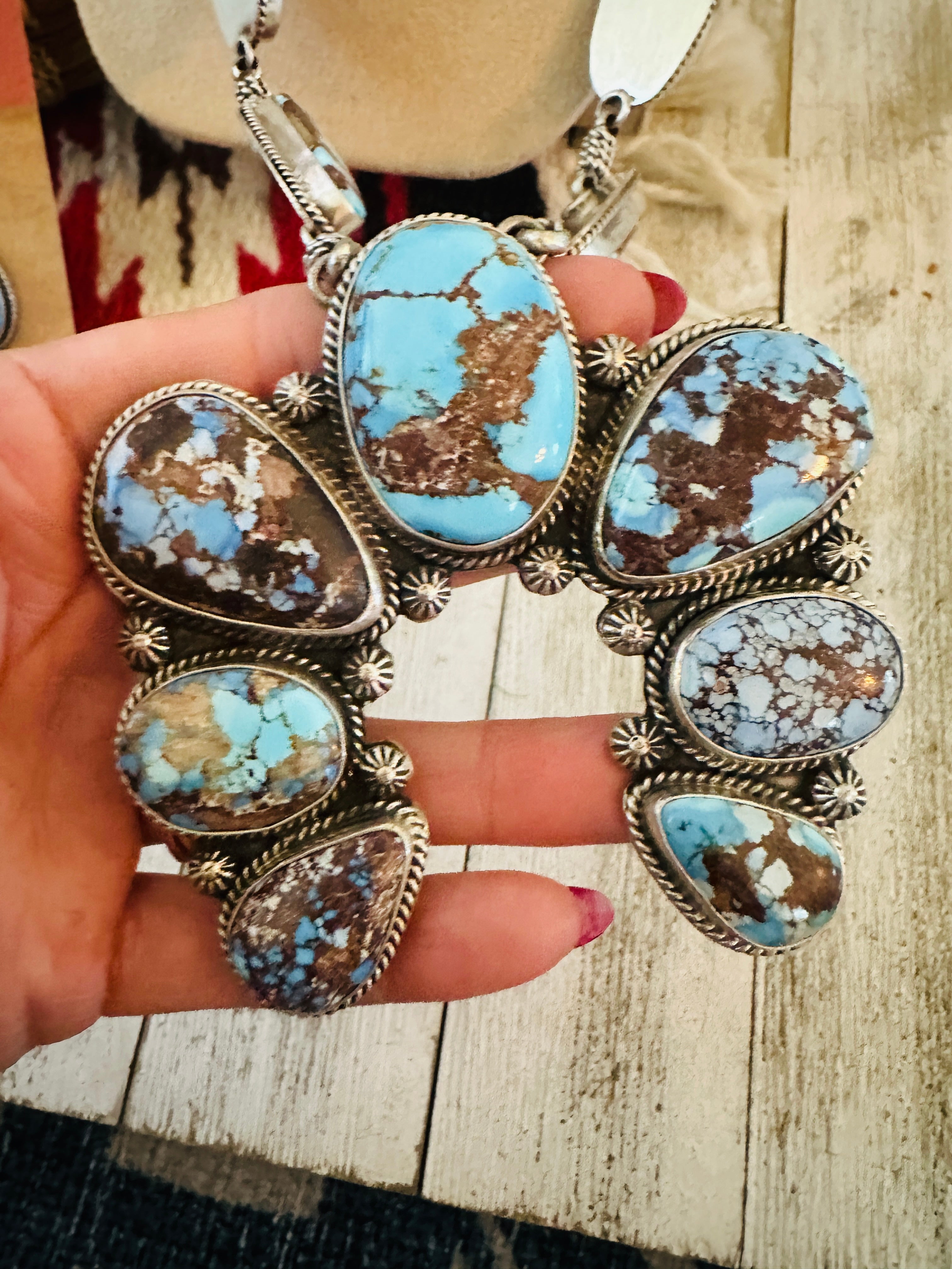 Handcrafted Golden Hills Turquoise & Sterling Silver Squash Blossom Necklace Set by Patrick Yazzie