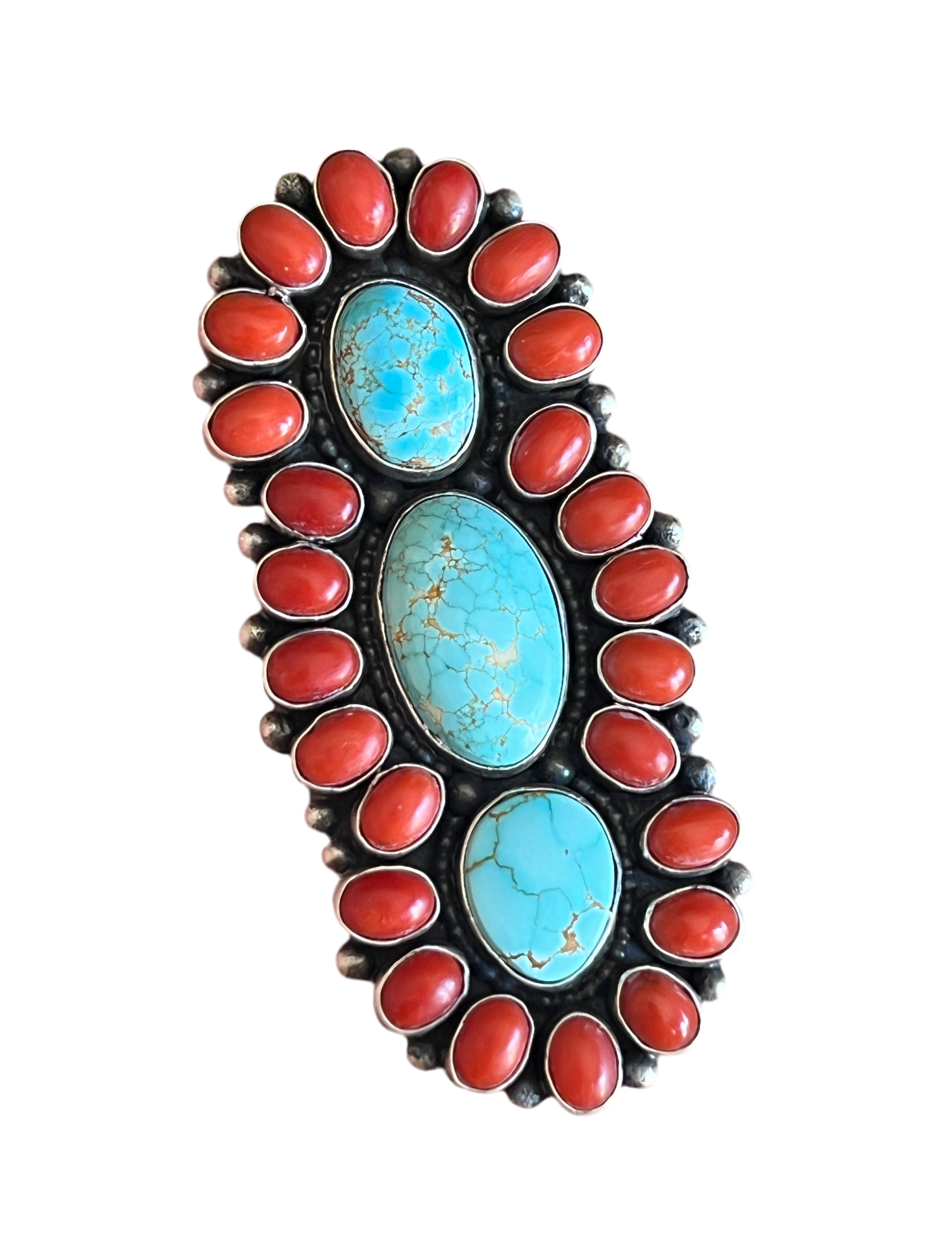 Handcrafted Sterling Silver, Coral and Number 8 Turquoise Ring by Darrin Livingston, Size 9