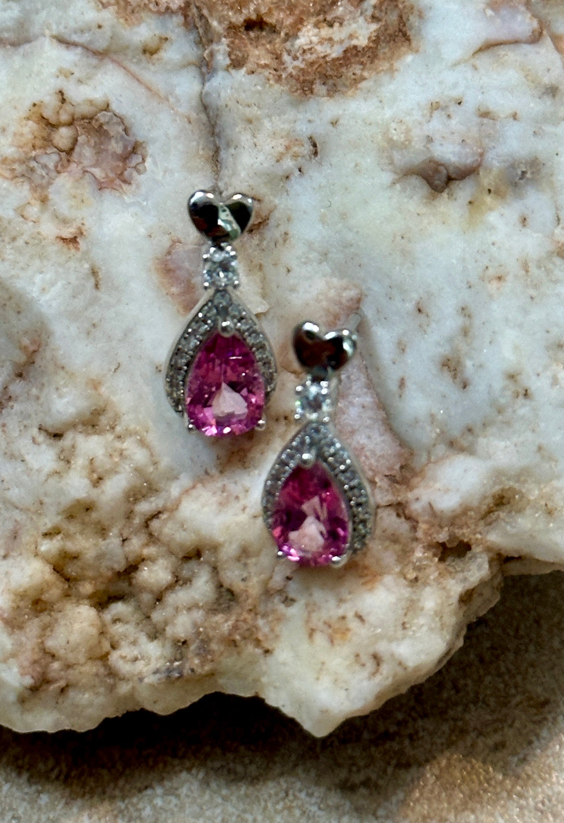 Pink Topaz Teardrop Shape Sterling Silver Dangle Earrings