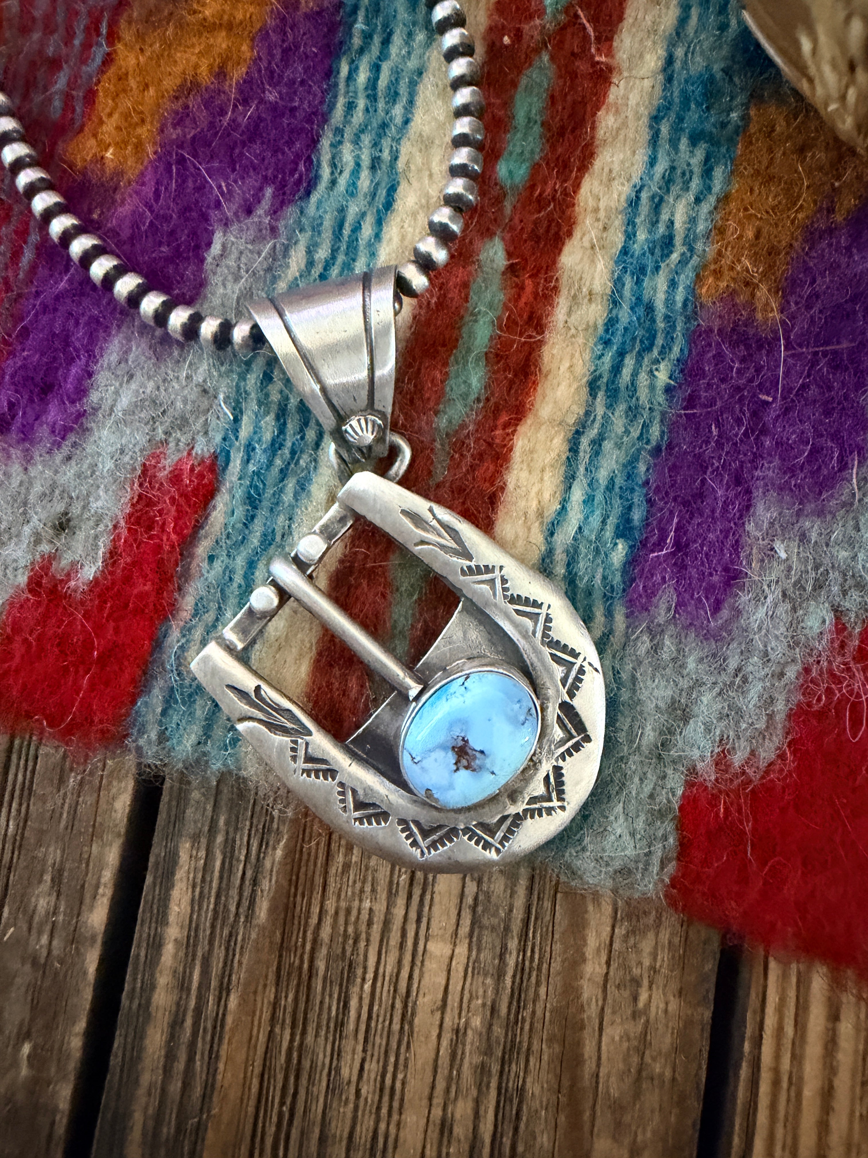 Handcrafted Sterling Silver & Turquoise Belt Buckle Pendant by Leroy James