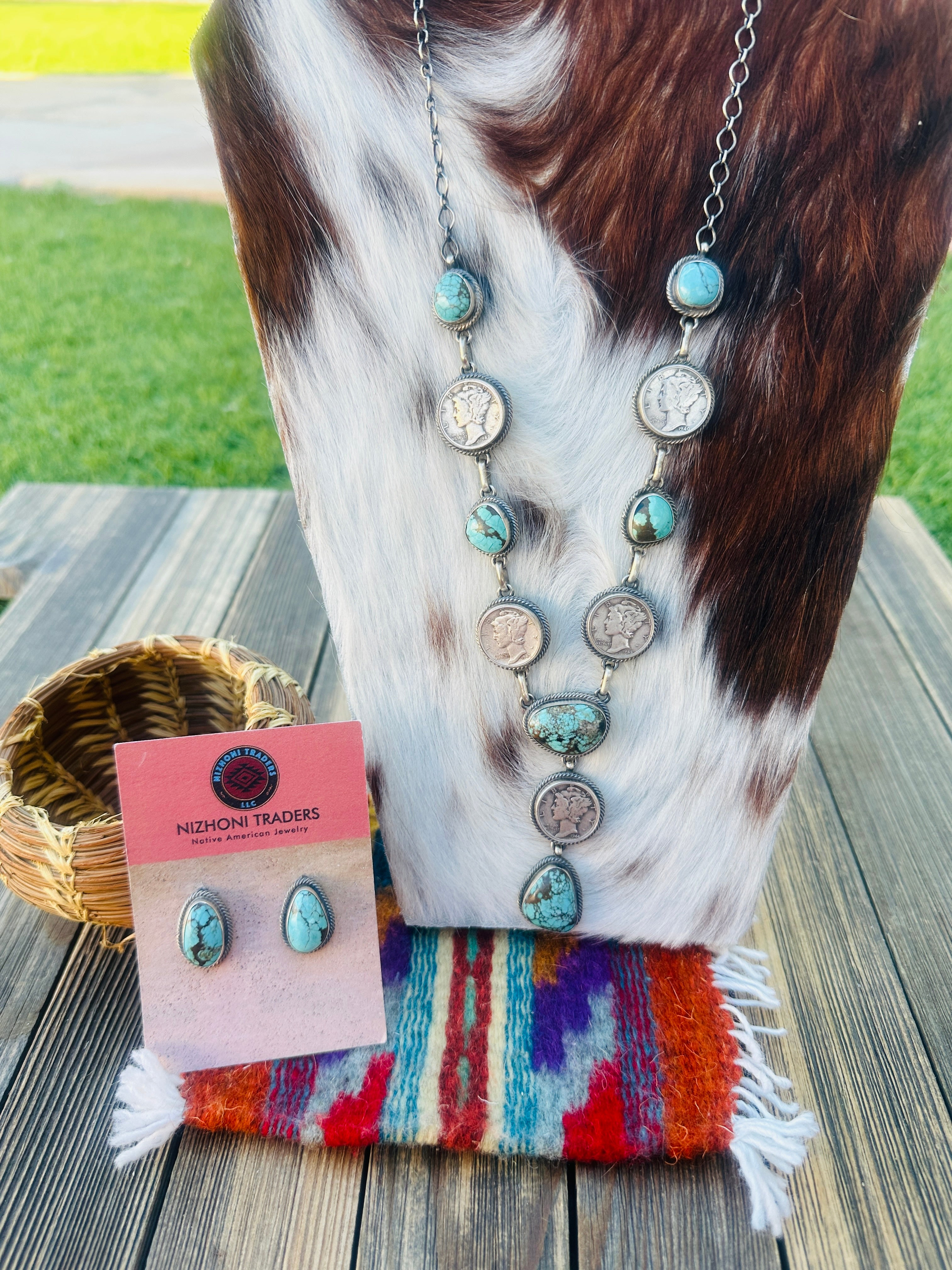 Handcrafted Turquoise & Sterling Silver Liberty Dime Necklace and Earrings Set