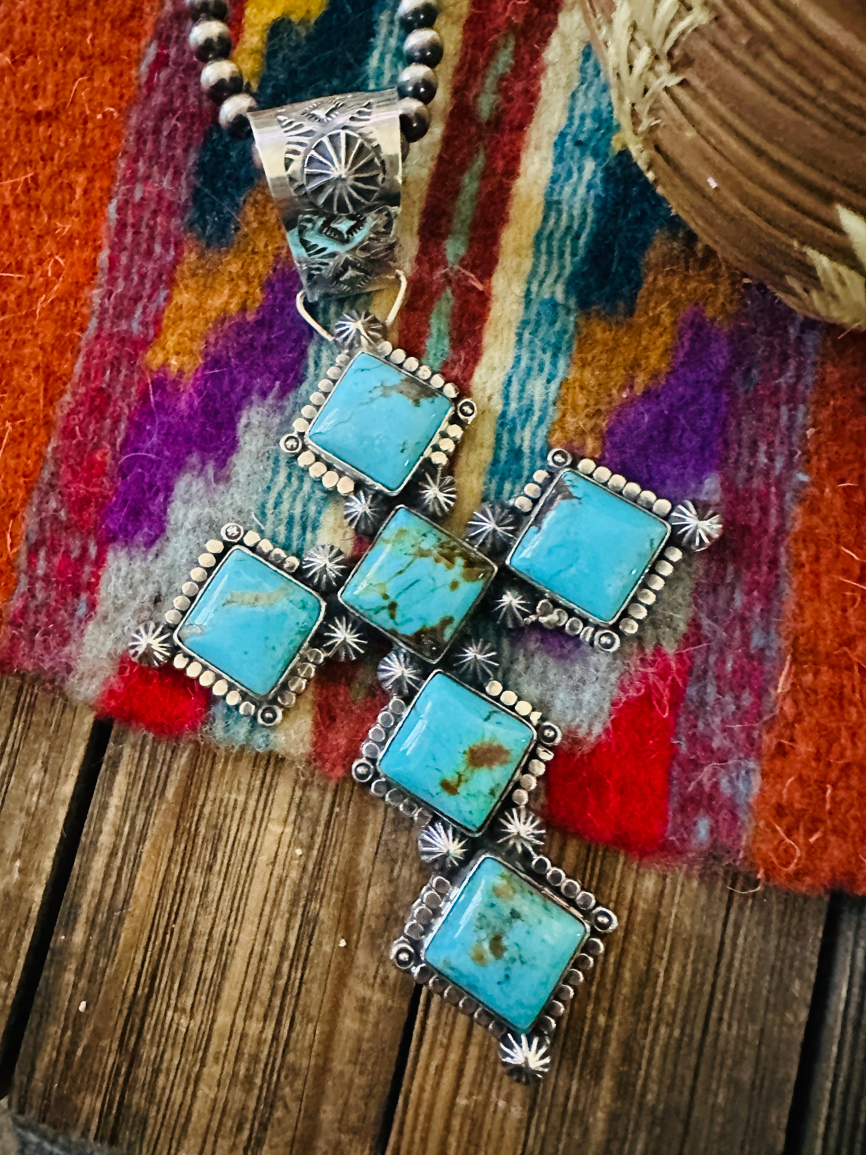 Handcrafted Sterling Silver & Kingman Turquoise Cross Pendant by Rosella Paxson