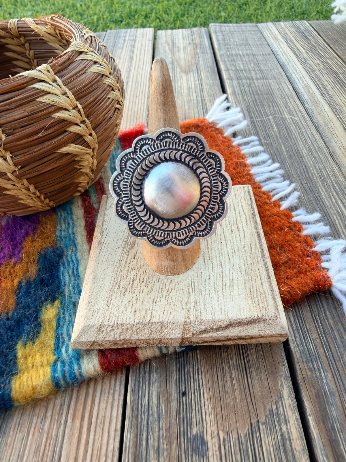 Handcrafted Sterling Silver Adjustable Concho Ring by Leander Tahe