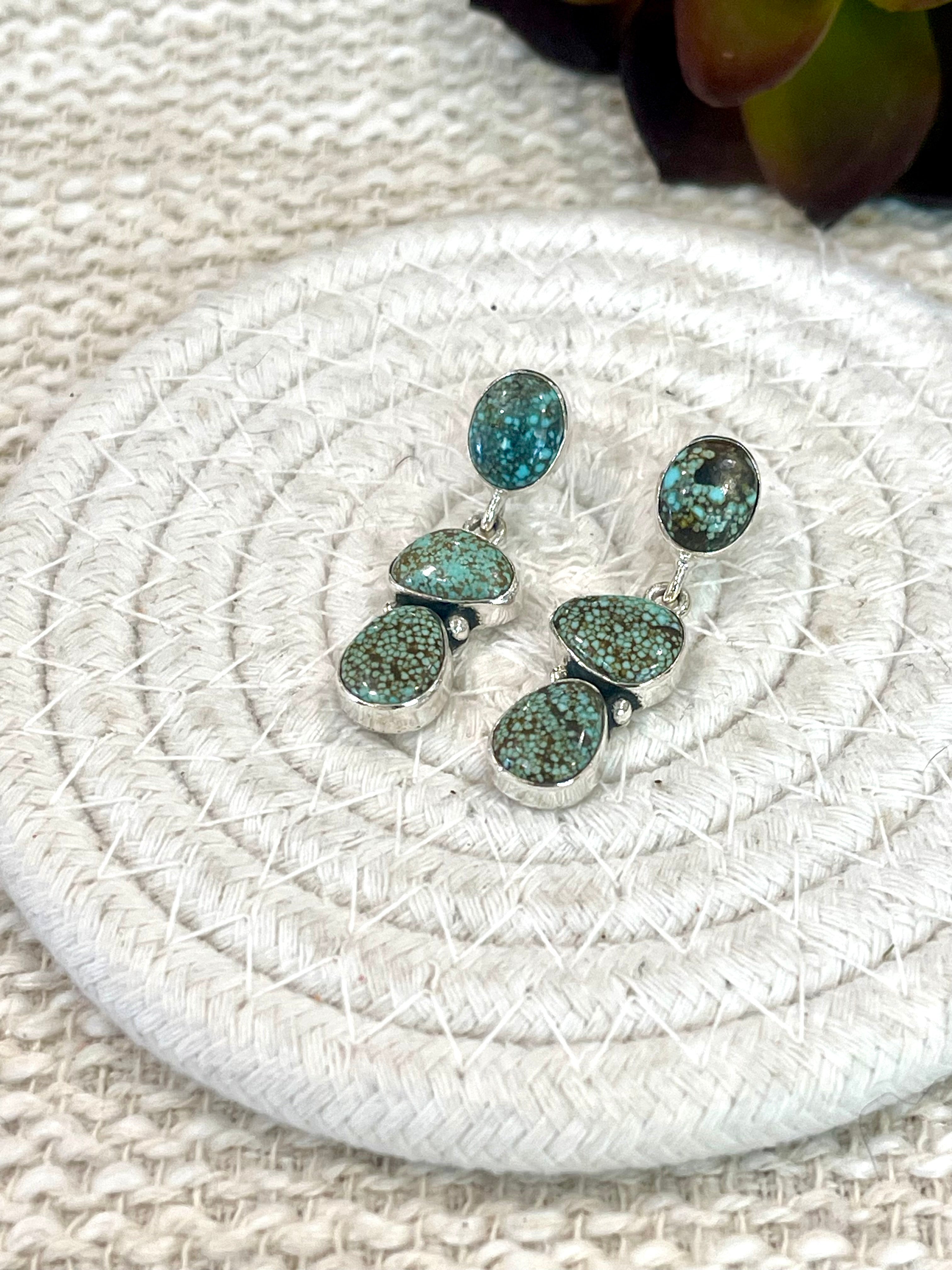 Handmade Sterling Silver Number 8 Turquoise Post Dangle Earrings with Signed Nizhoni