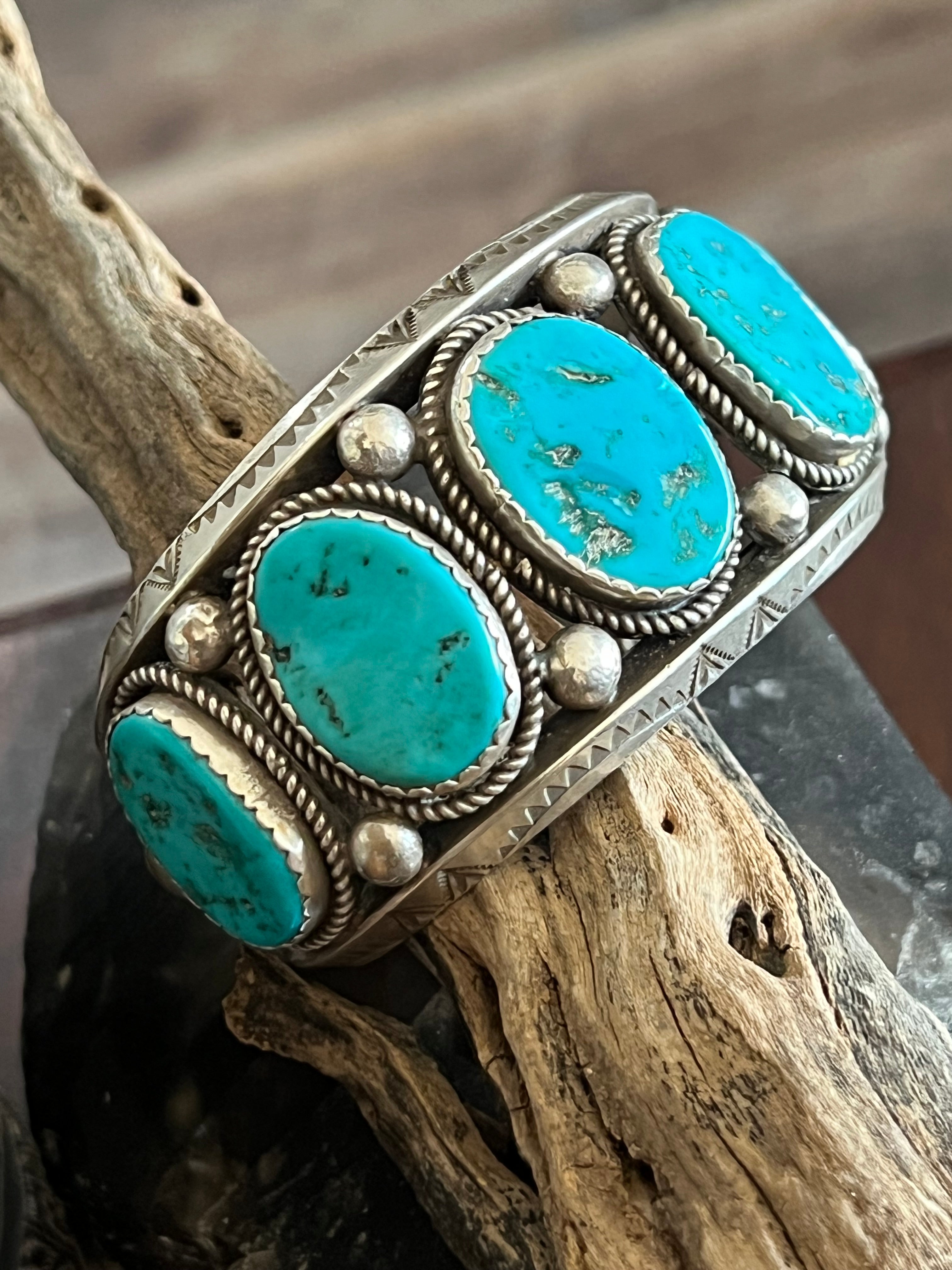Handcrafted Old Pawn Sterling Silver and Natural Sleeping Beauty Turquoise Cuff Bracelet, Signed /
