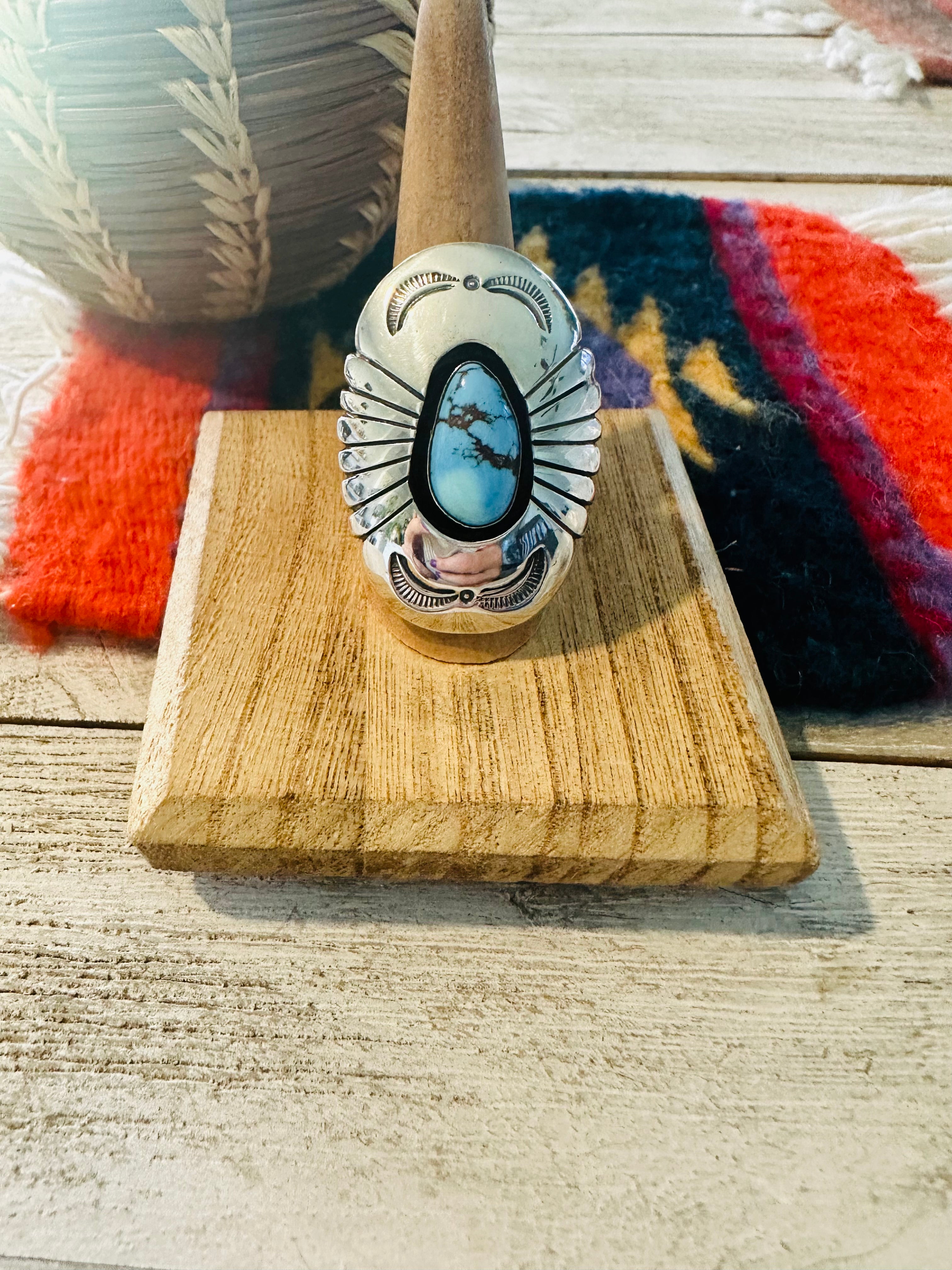 Navajo Golden Hills Turquoise & Sterling Silver Shadowbox Ring Size 8.5