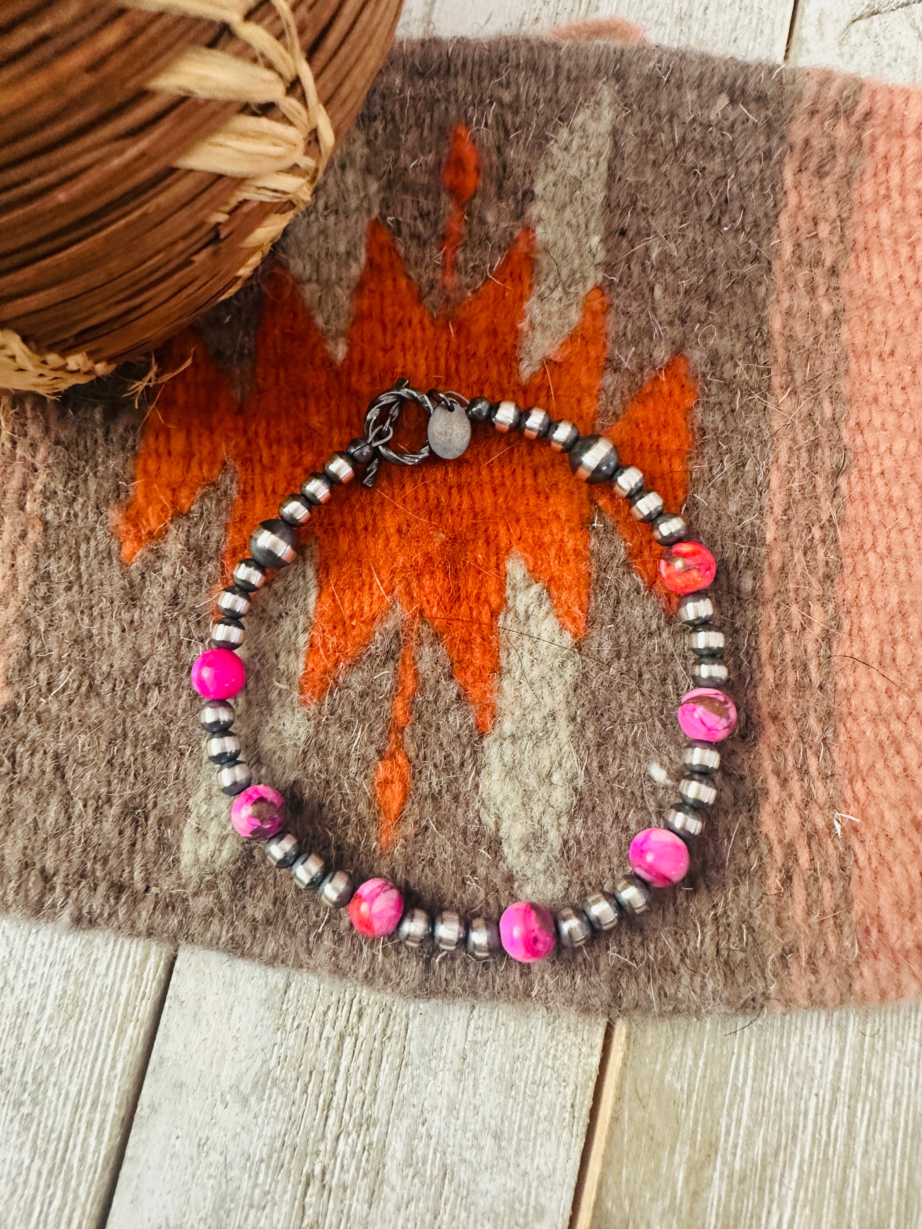 Handcrafted Pink Mojave and Sterling Silver Pearl Beaded Bracelet