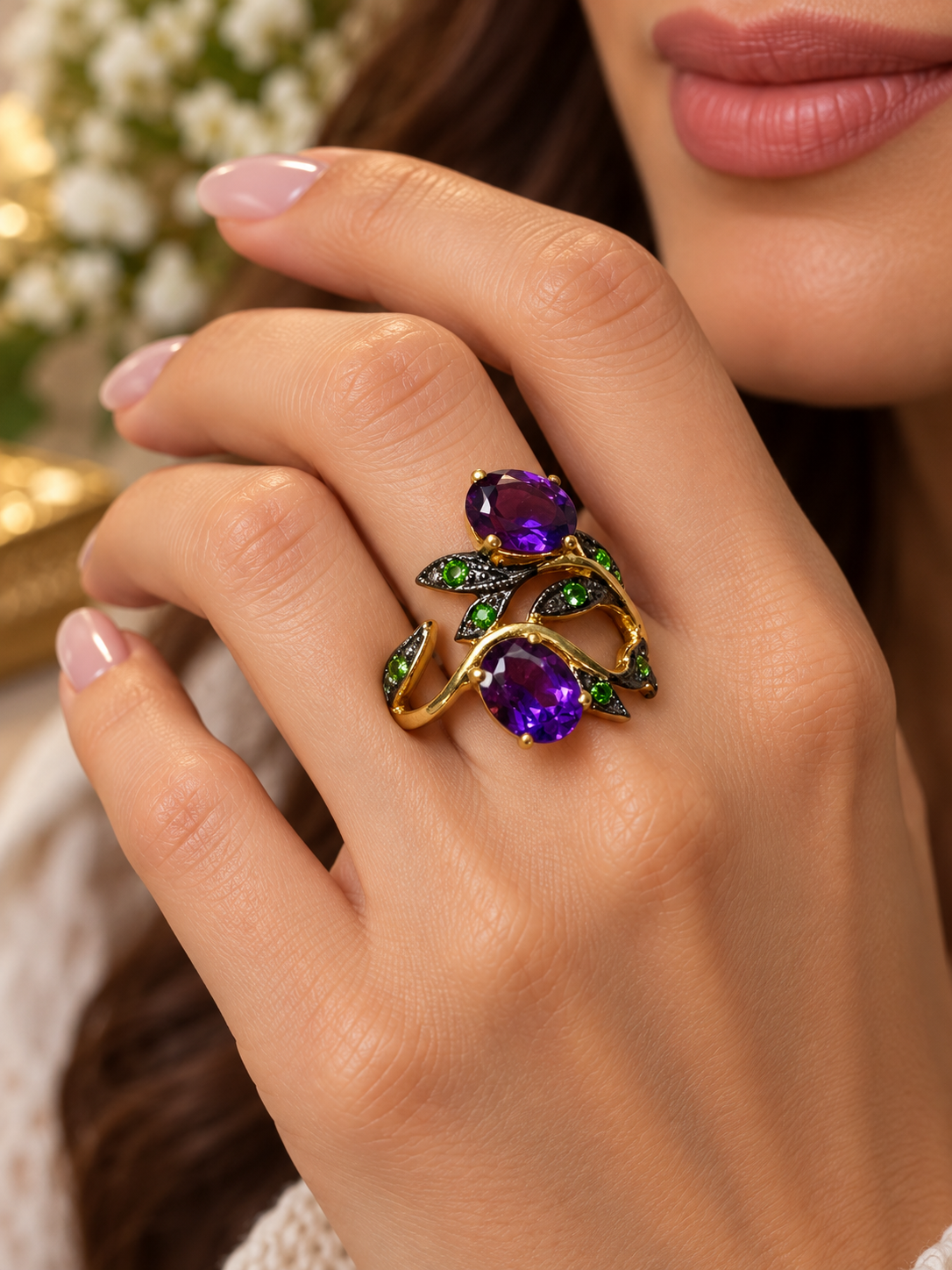 Purple Amethyst & Green Tsavorite 14k Gold Plated Sterling Silver Ring