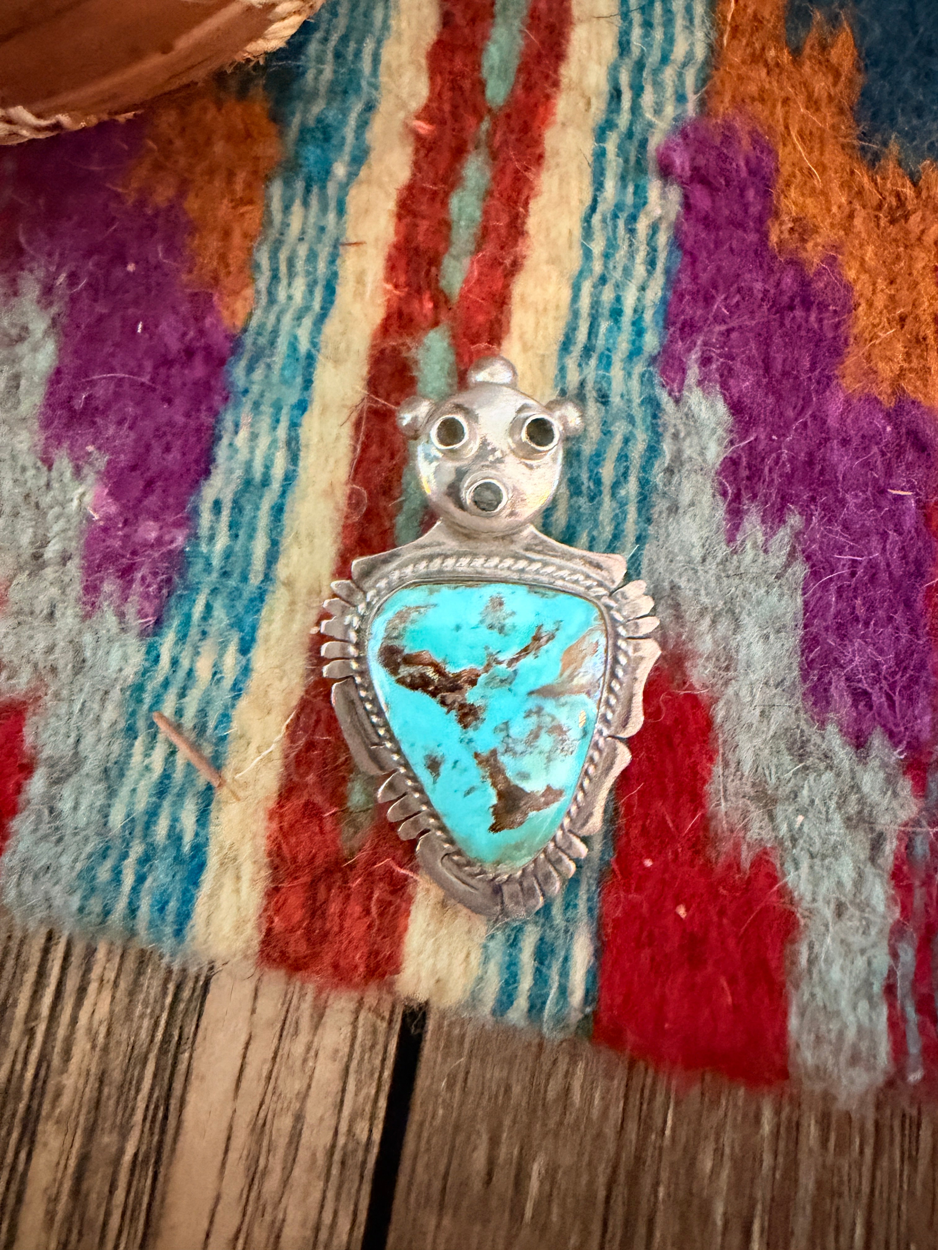 Old Pawn Handcrafted Turquoise and Sterling Silver Yei Symbol Brooch/ Pendant by Bennie Ration