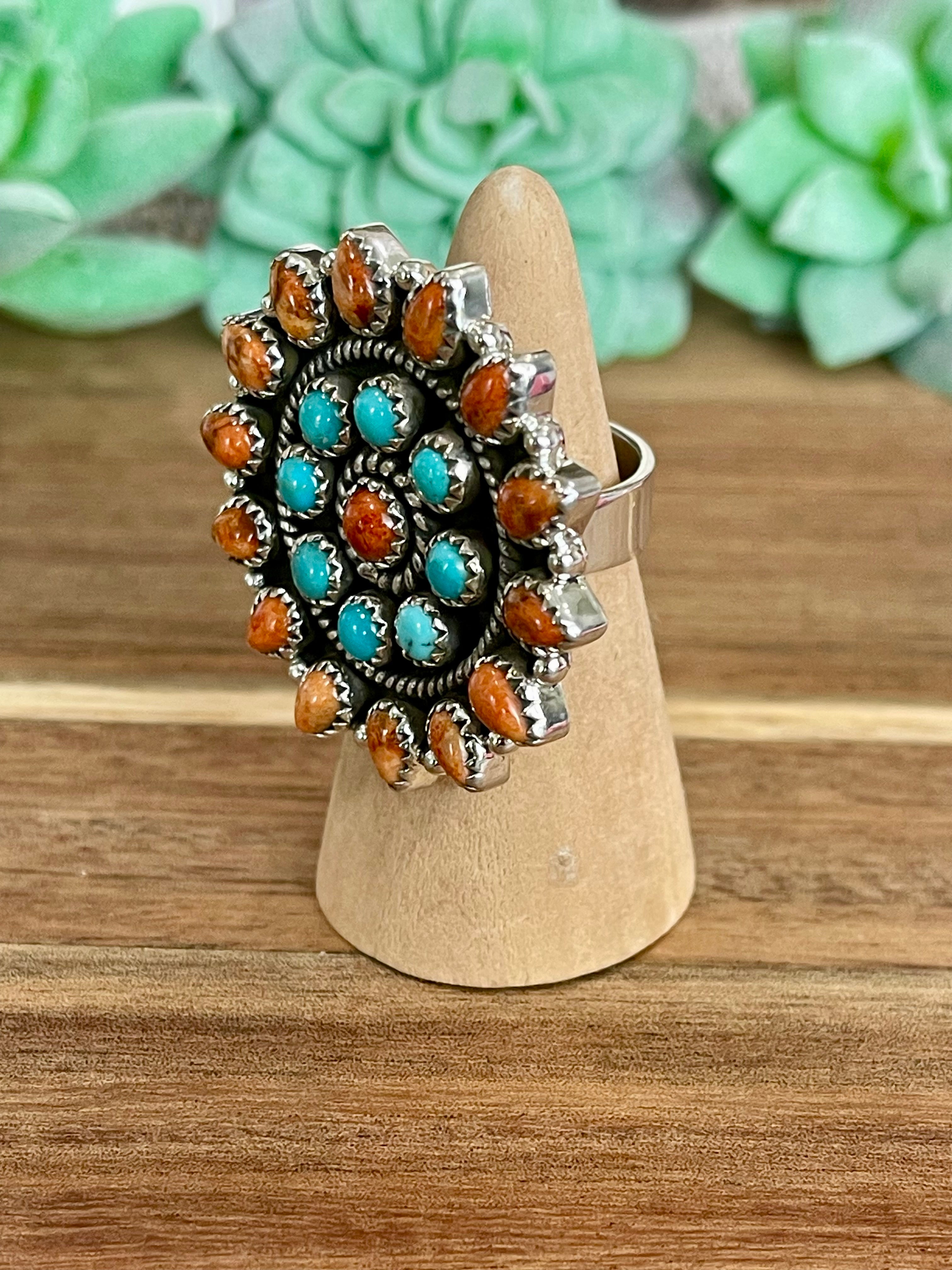 Handmade Turquoise , Orange Mojave And Sterling Silver Adjustable Cluster Ring