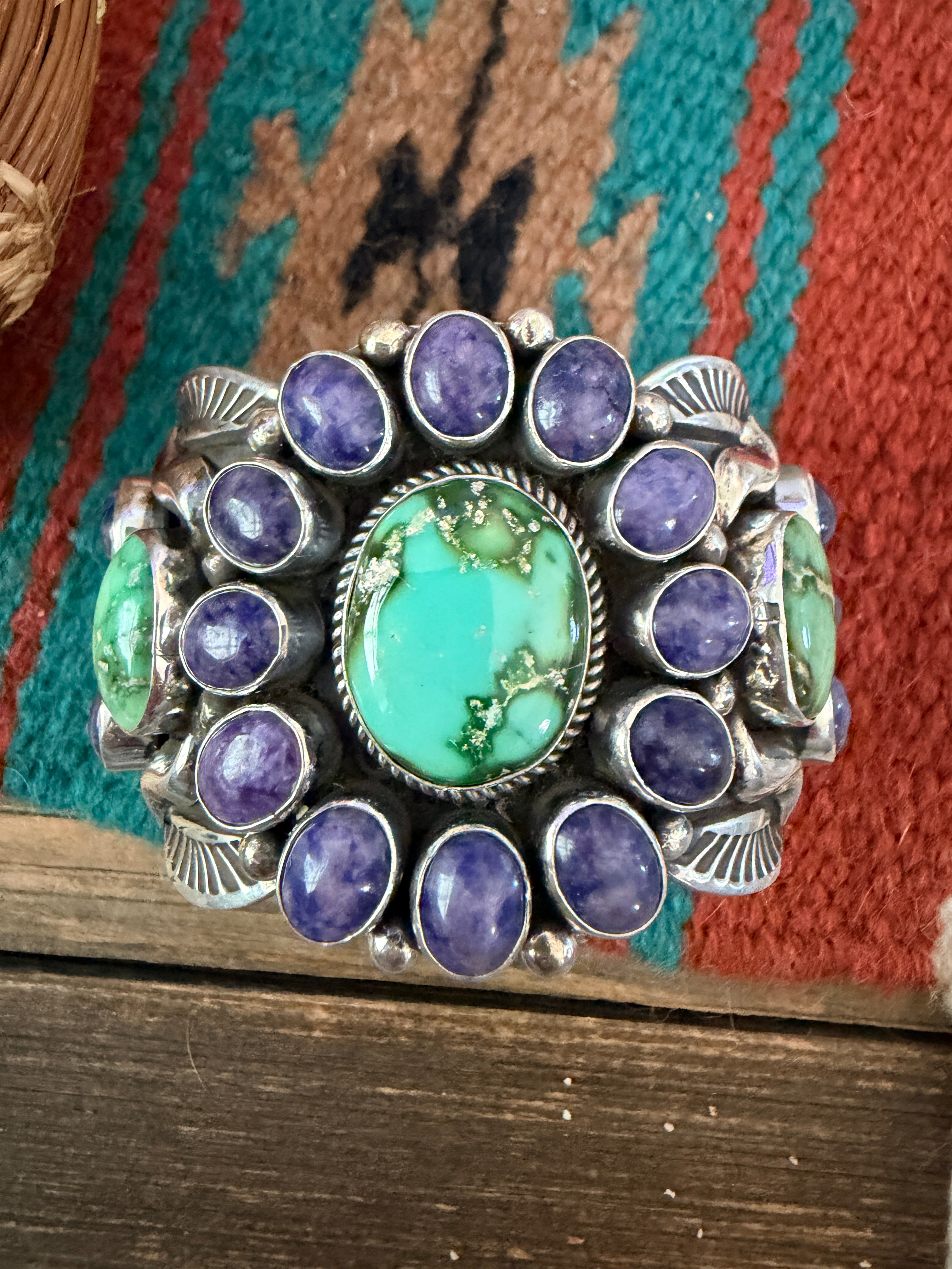 Handcrafted Sterling Silver, Charoite & Turquoise Cuff Bracelet by Albert Jake