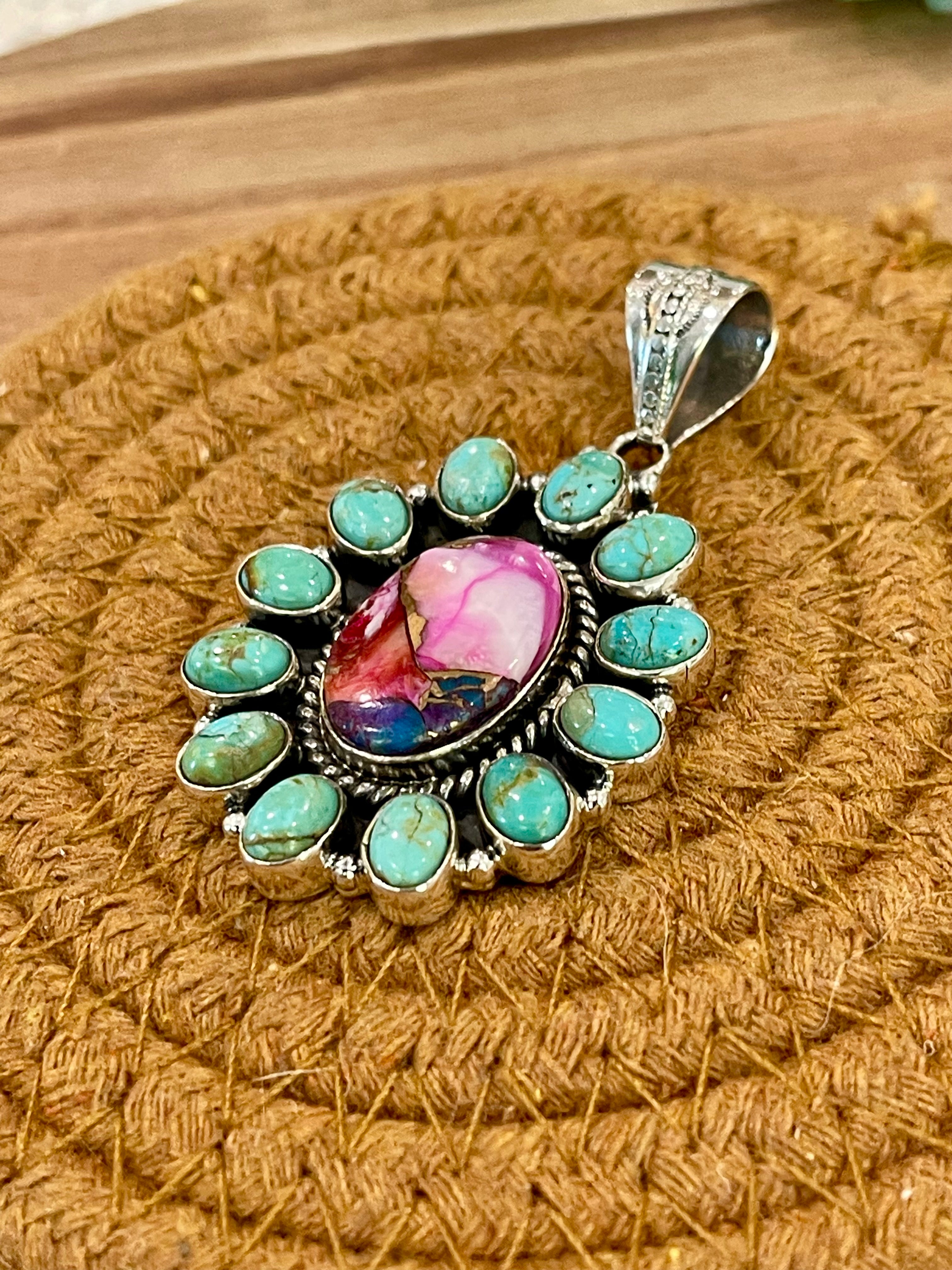 Handmade Sterling Silver,Turquoise & Pink Dream Mojave Cluster Pendant