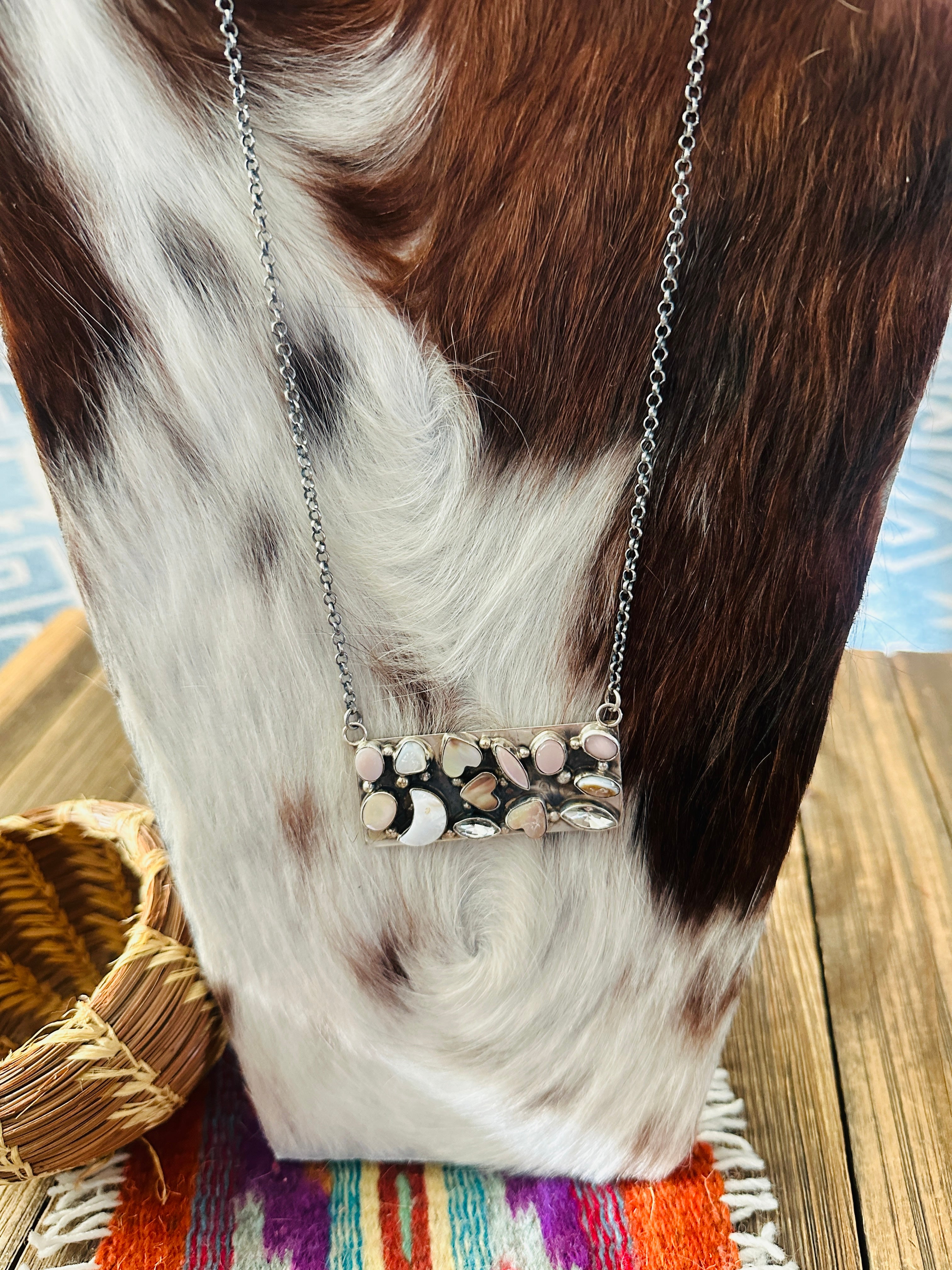 Handcrafted Mother of Pearl, CZ & Sterling Silver Bar Necklace by Jacqueline Silver