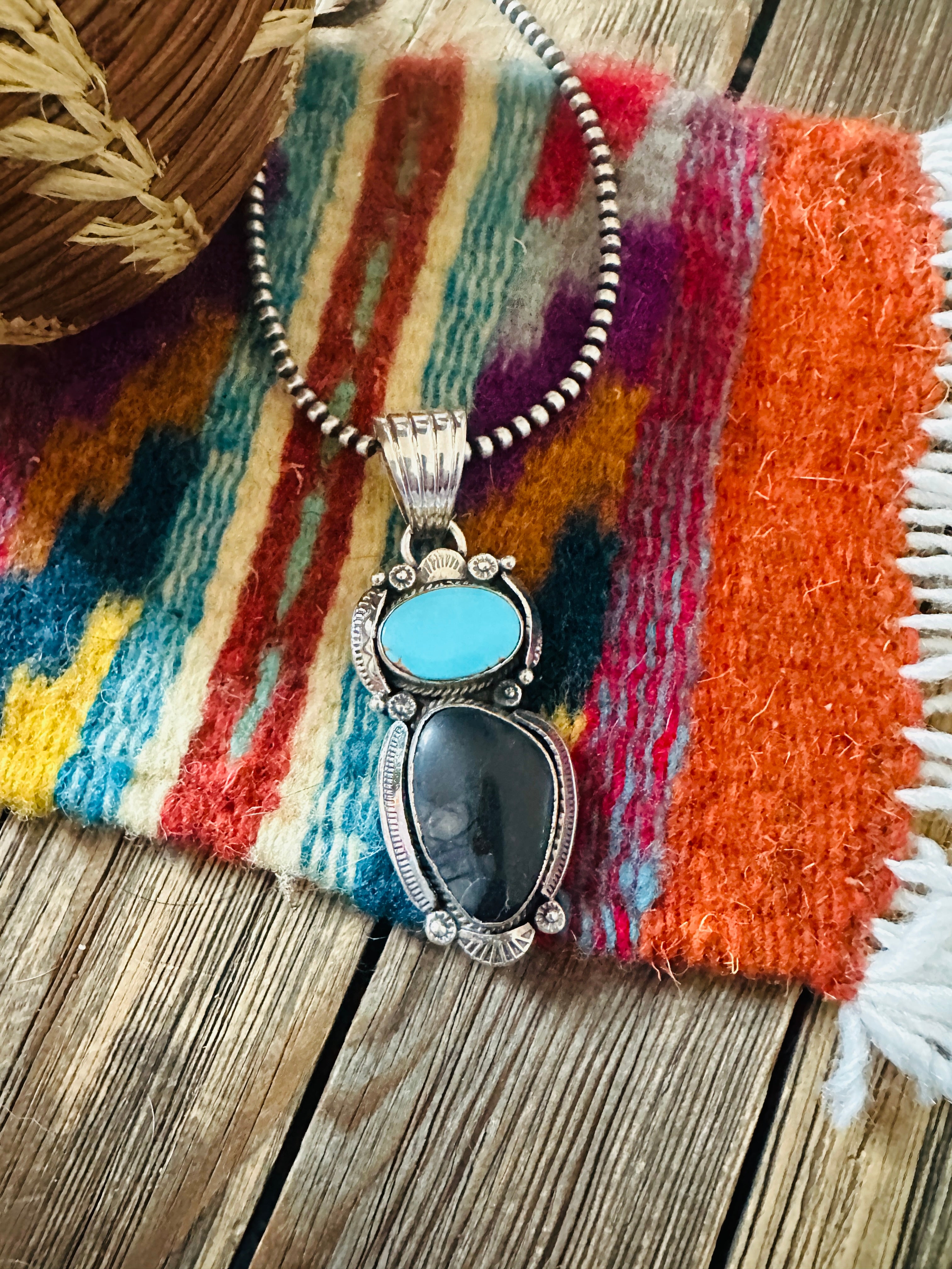 Handcrafted Sterling Silver, Onyx & Turquoise Pendant