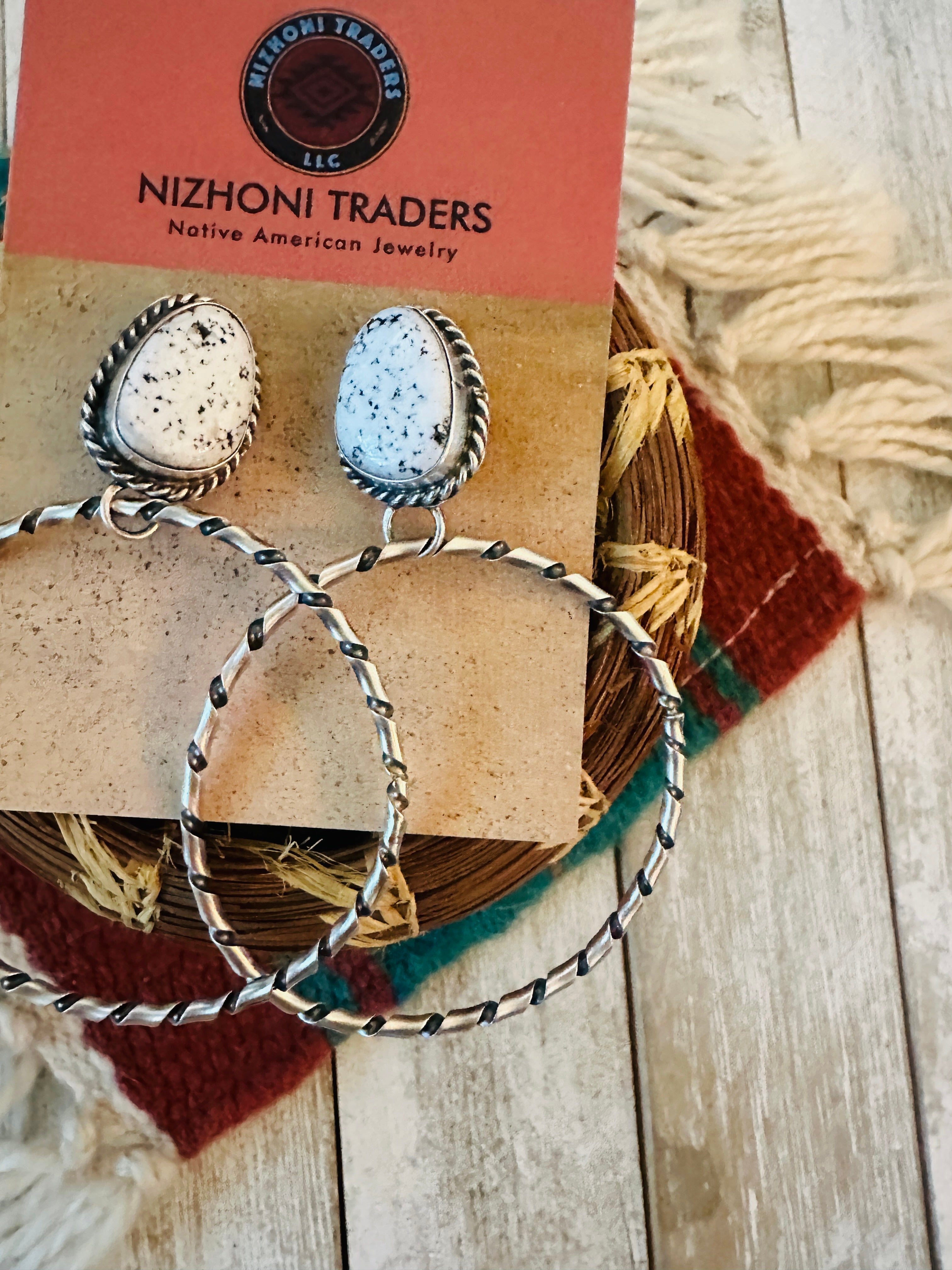 Navajo White Buffalo and Sterling Silver Dangle Hoop Earrings