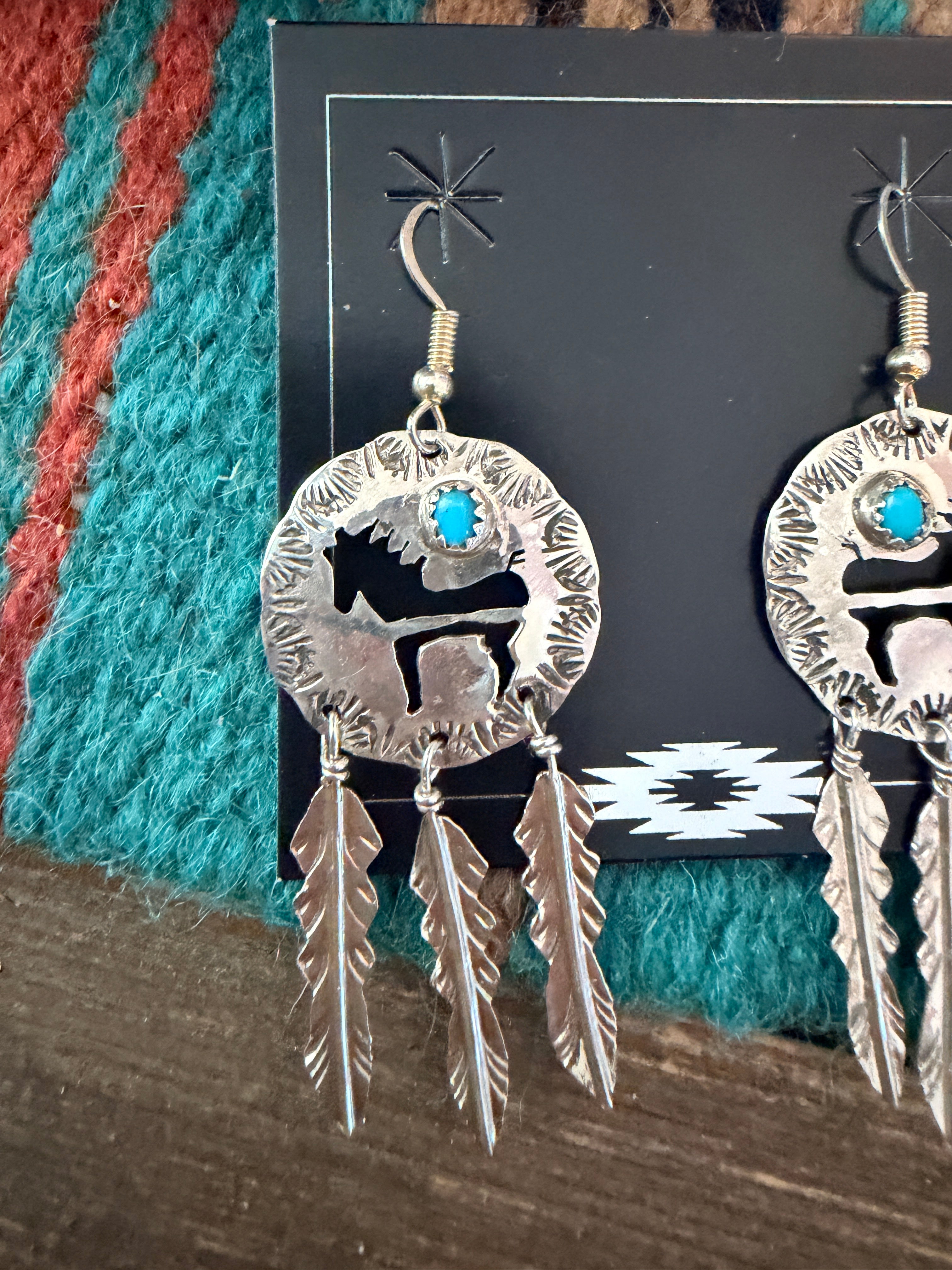 Old Pawn Handcrafted Sterling Silver & Turquoise Horse Feather Dangle Earrings