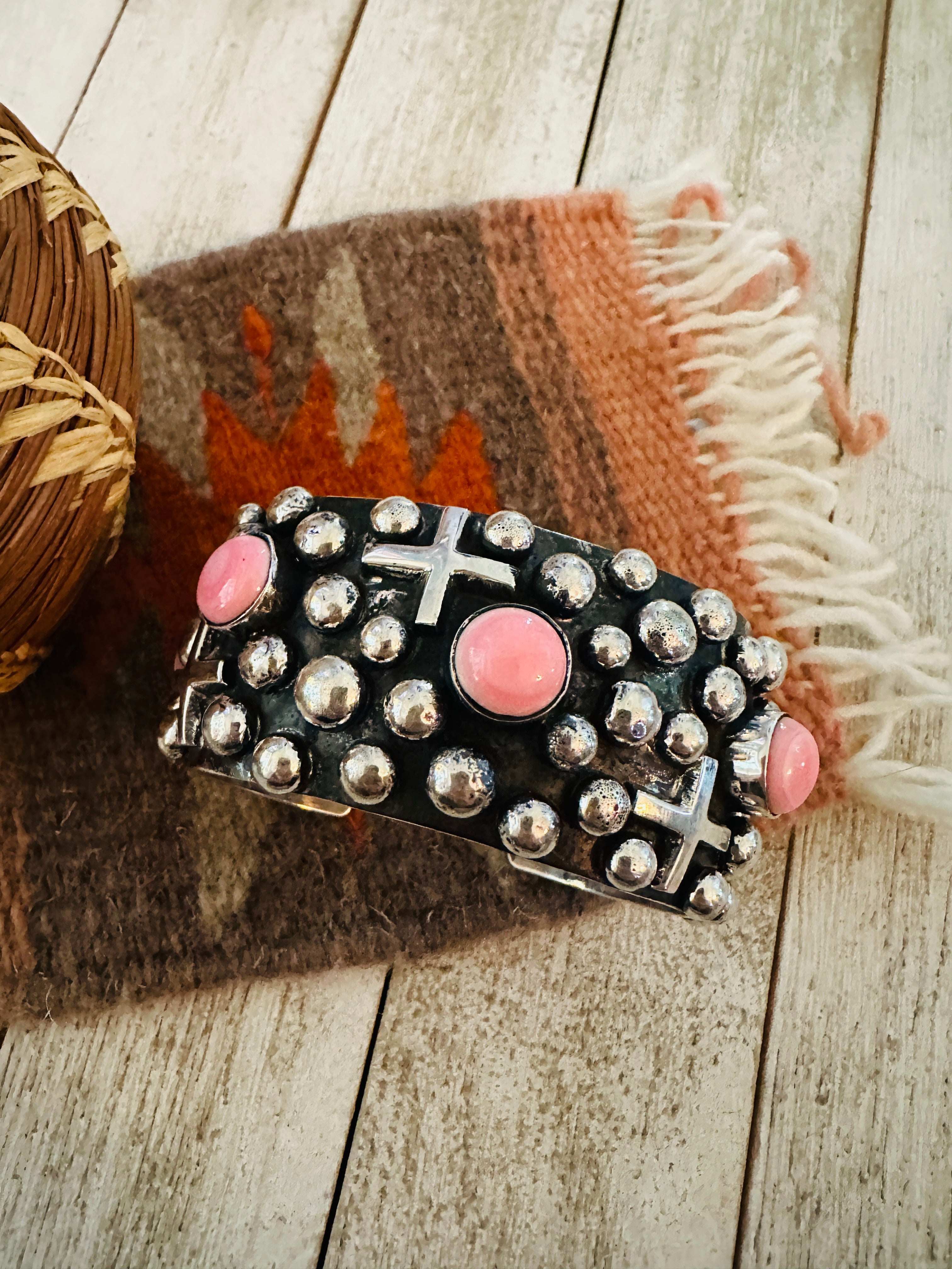 Handcrafted Queen Pink & Sterling Silver Cross Cuff Bracelet By Chimney Butte