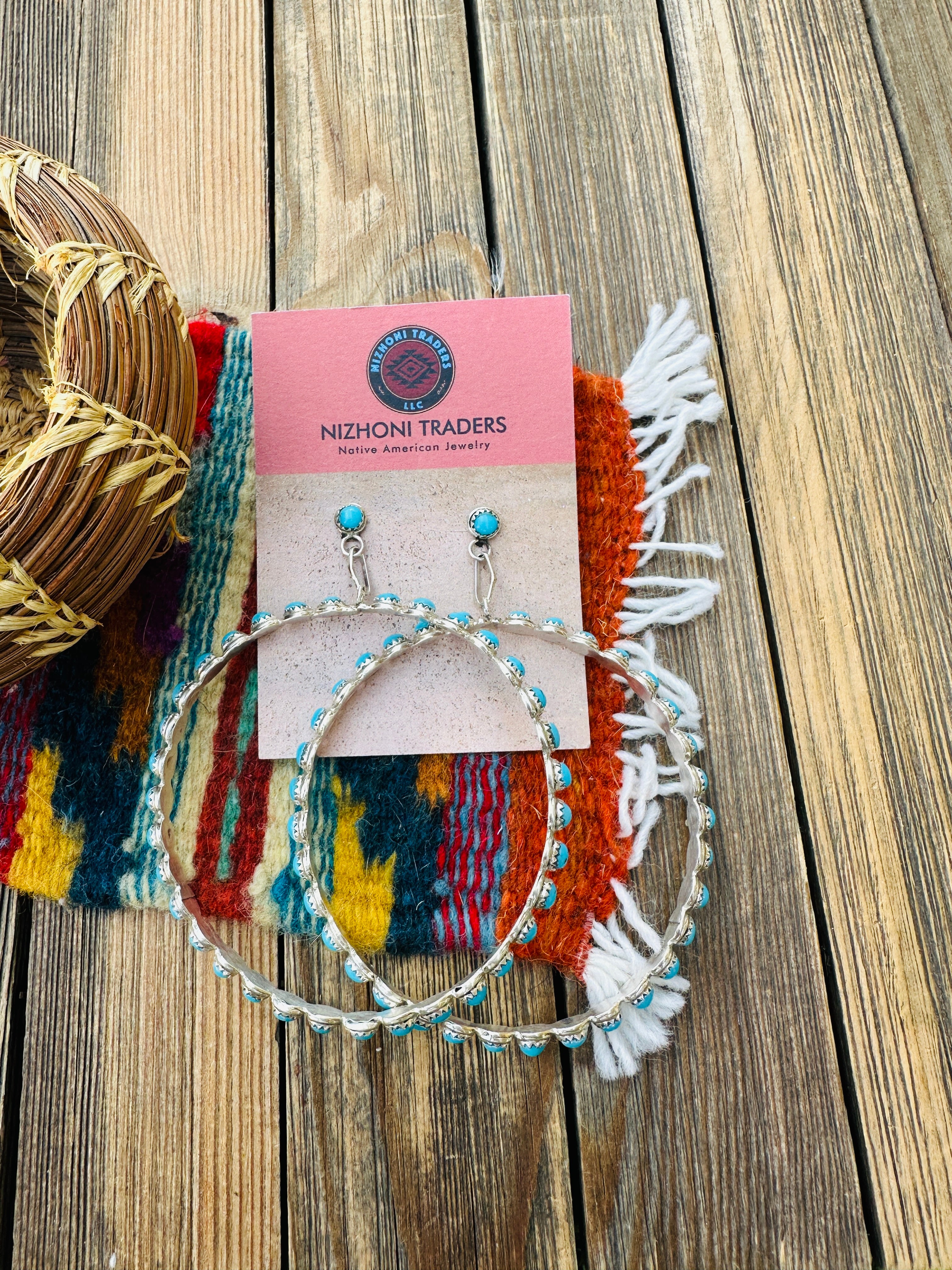 Handcrafted Turquoise & Sterling Silver Dangle Hoop Earrings