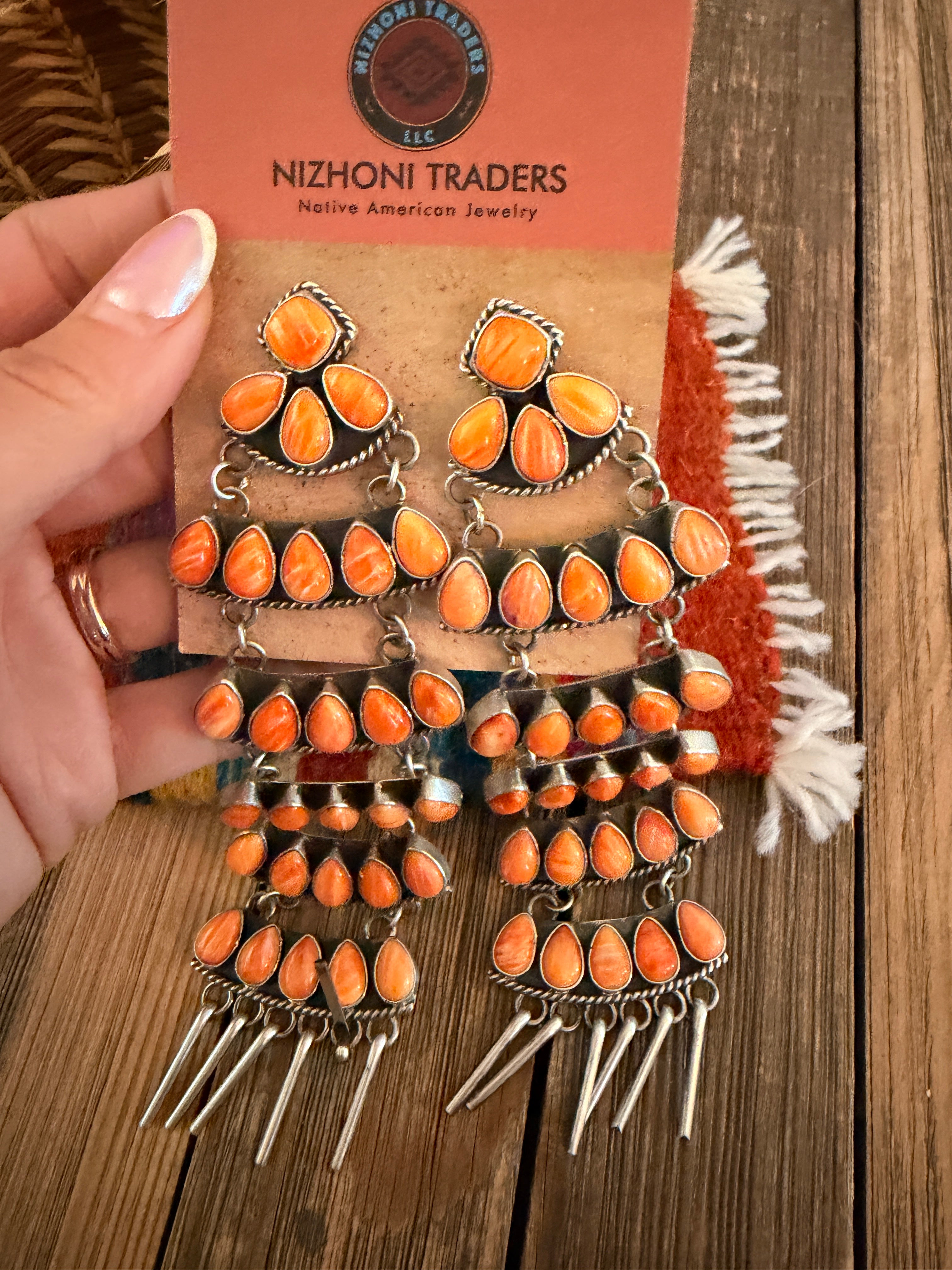 Handcrafted Orange Spiny Oyster & Sterling Silver Chandelier Dangle Earrings by Charles Johnson