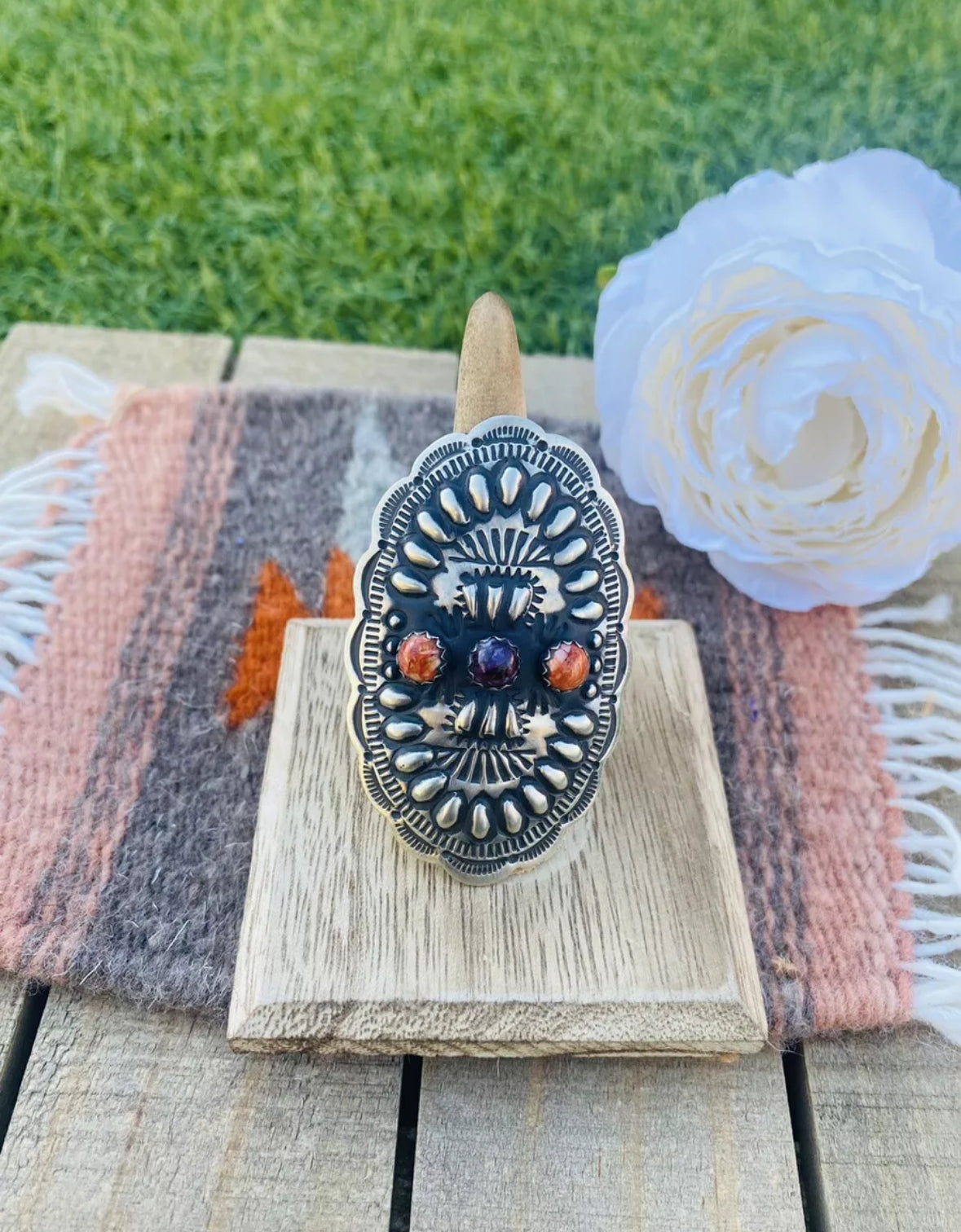 Handcrafted Spiny, Sterling Silver Adjustable Concho Ring by Leander Tahe