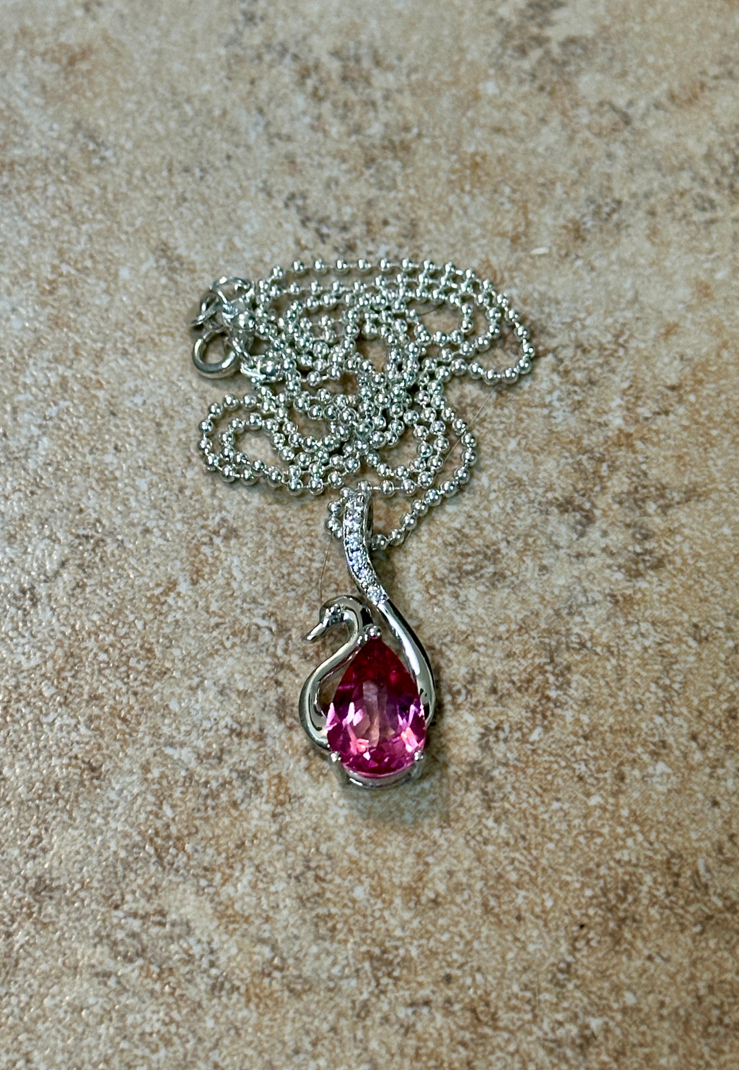 Pink Topaz Teardrop Swan Necklace