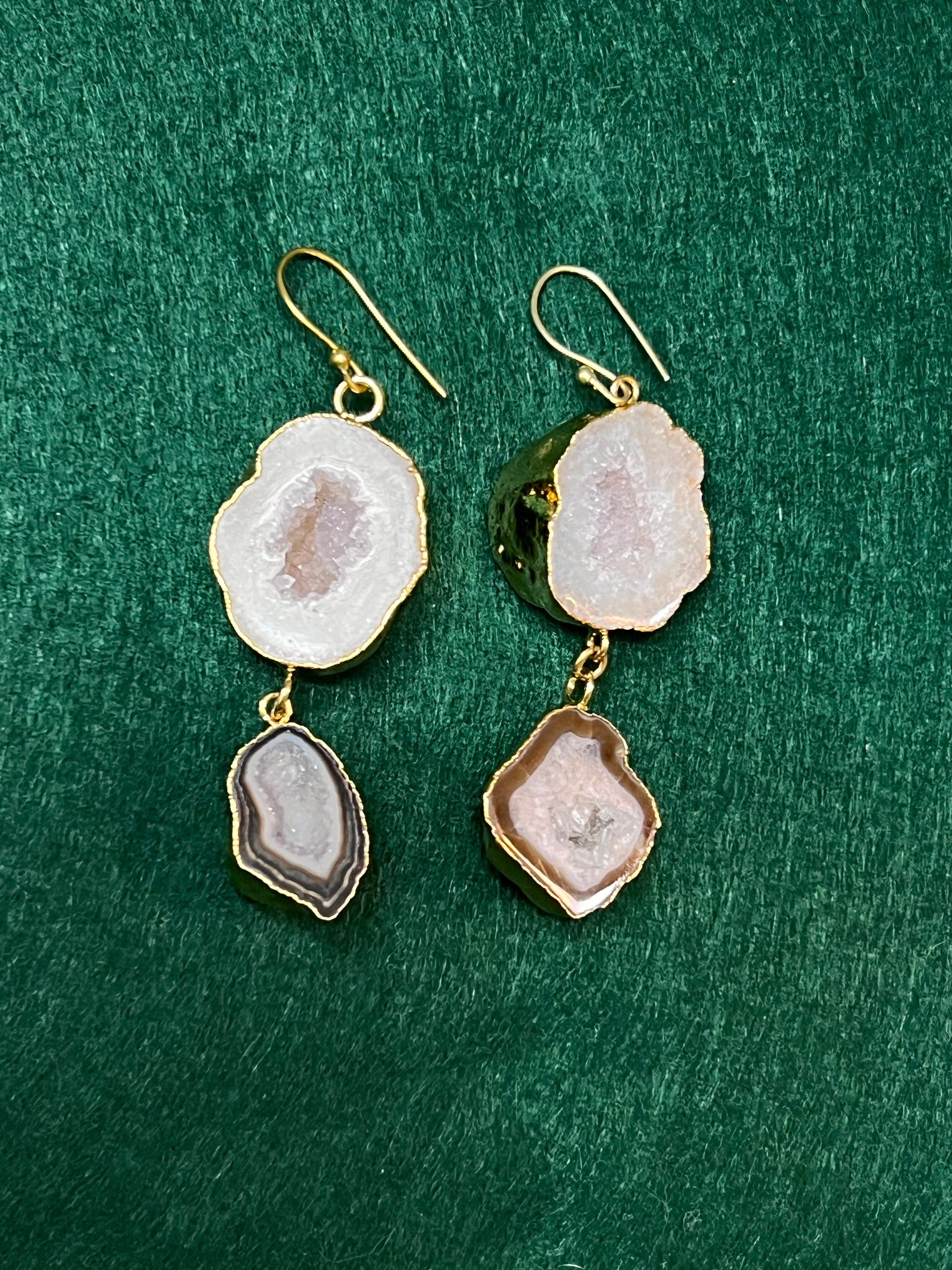 Handmade 14k Gold Druzy Plated Brass 2-Stone White Geode Dangle Wire Earrings