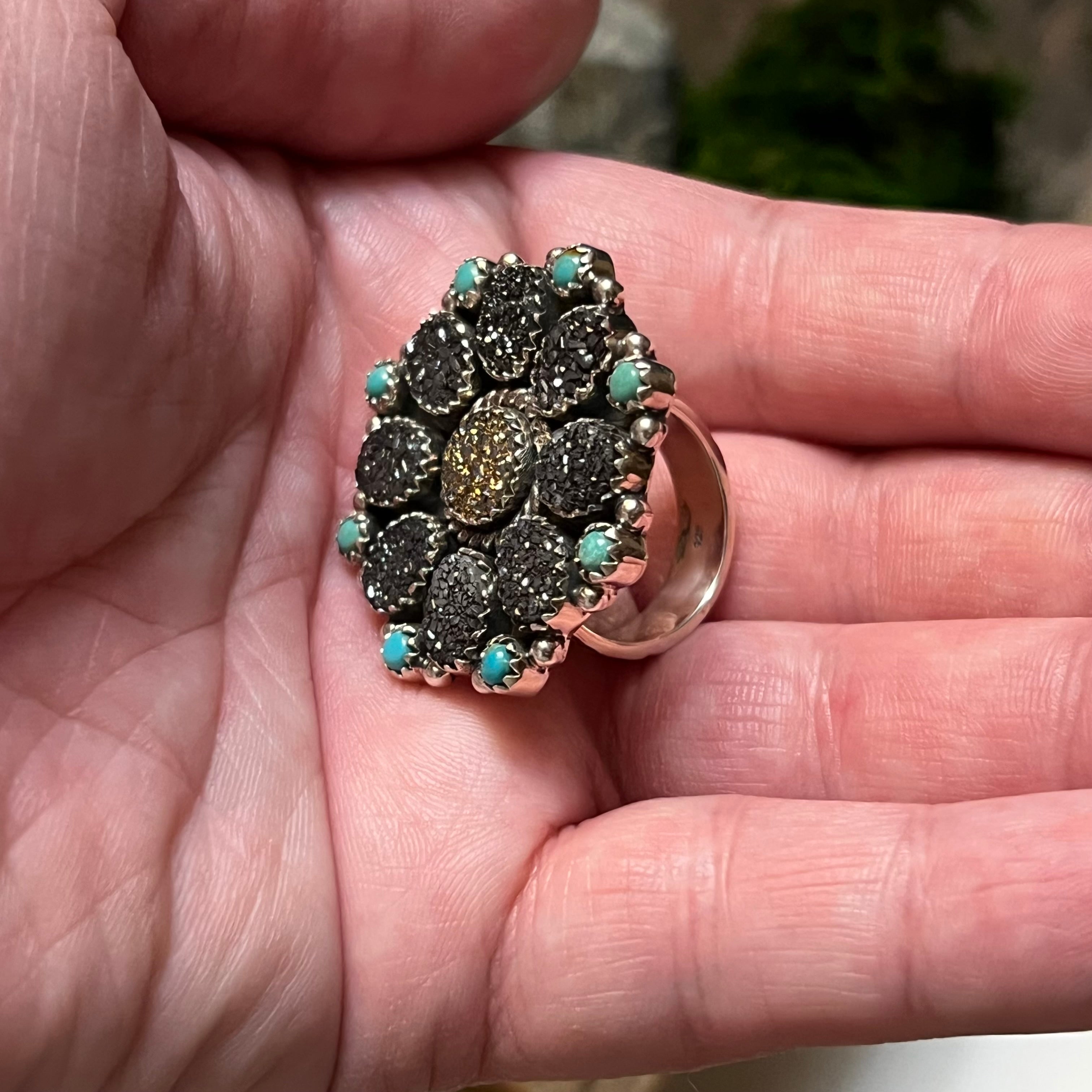 Handmade Sterling Silver Turquoise, Black & Gold Druzy Cluster Ring