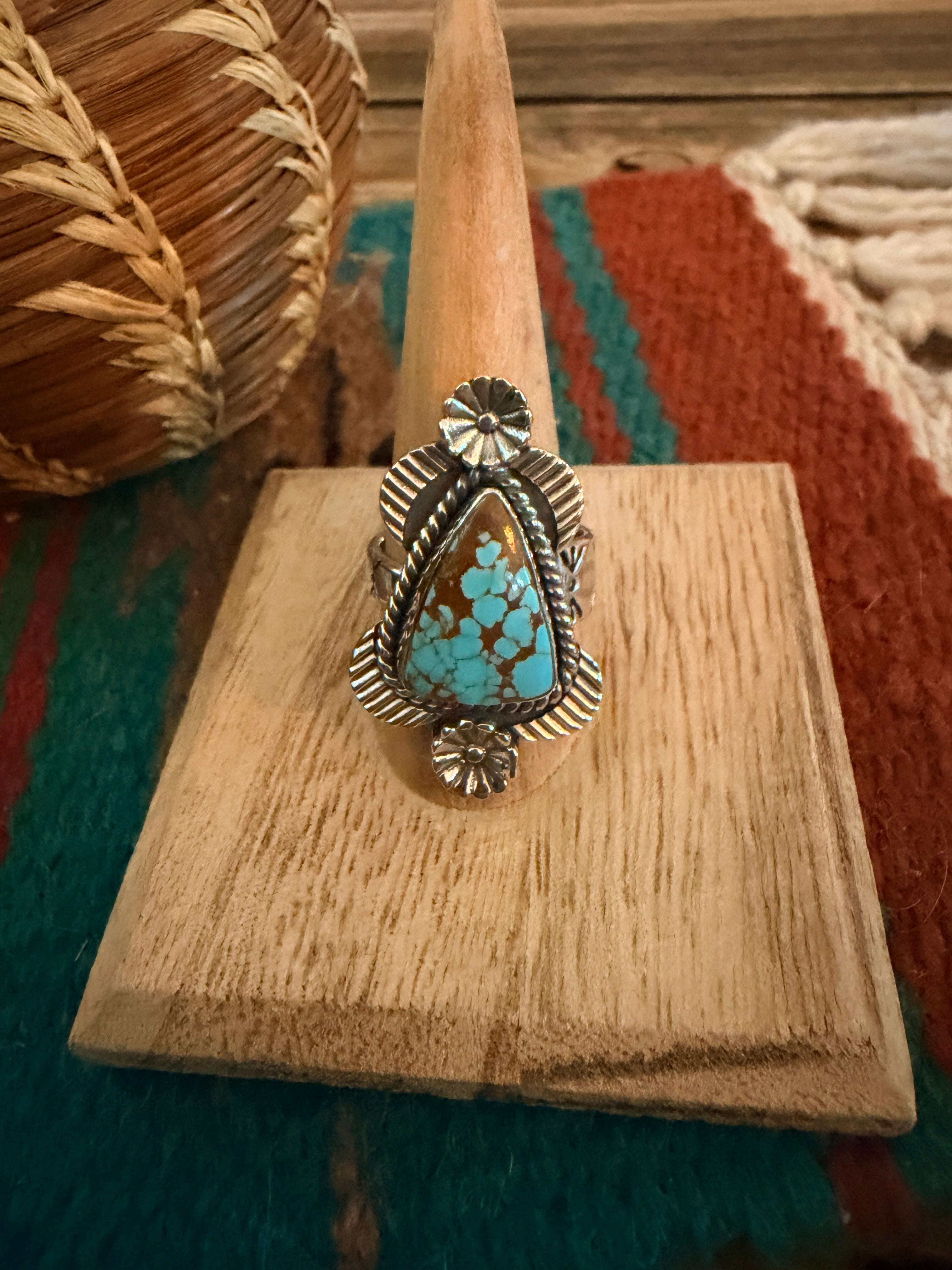 Handmade Sterling Silver Number 8 Turquoise Adjustable Ring Signed Nizhoni
